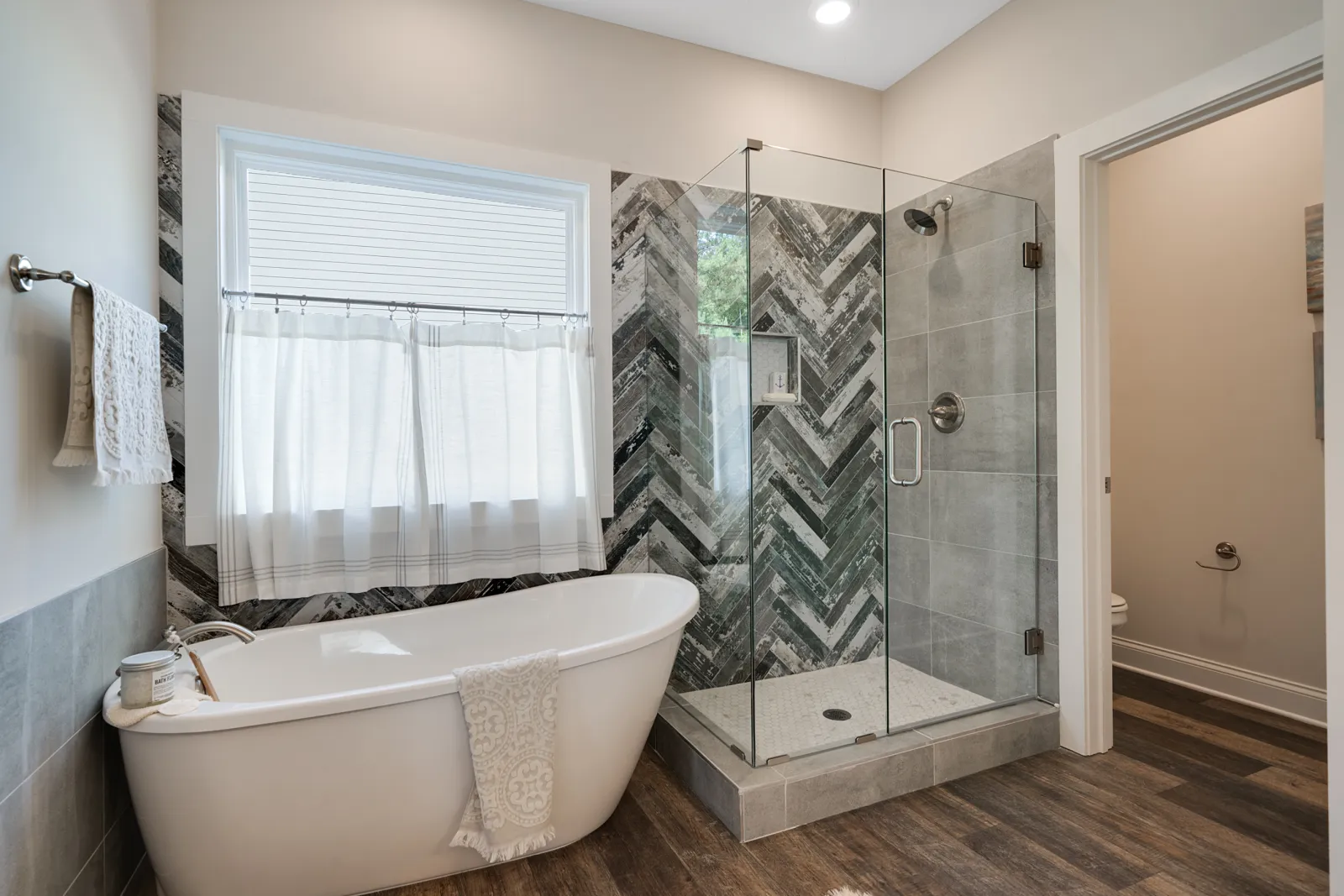 a bathroom with a glass shower