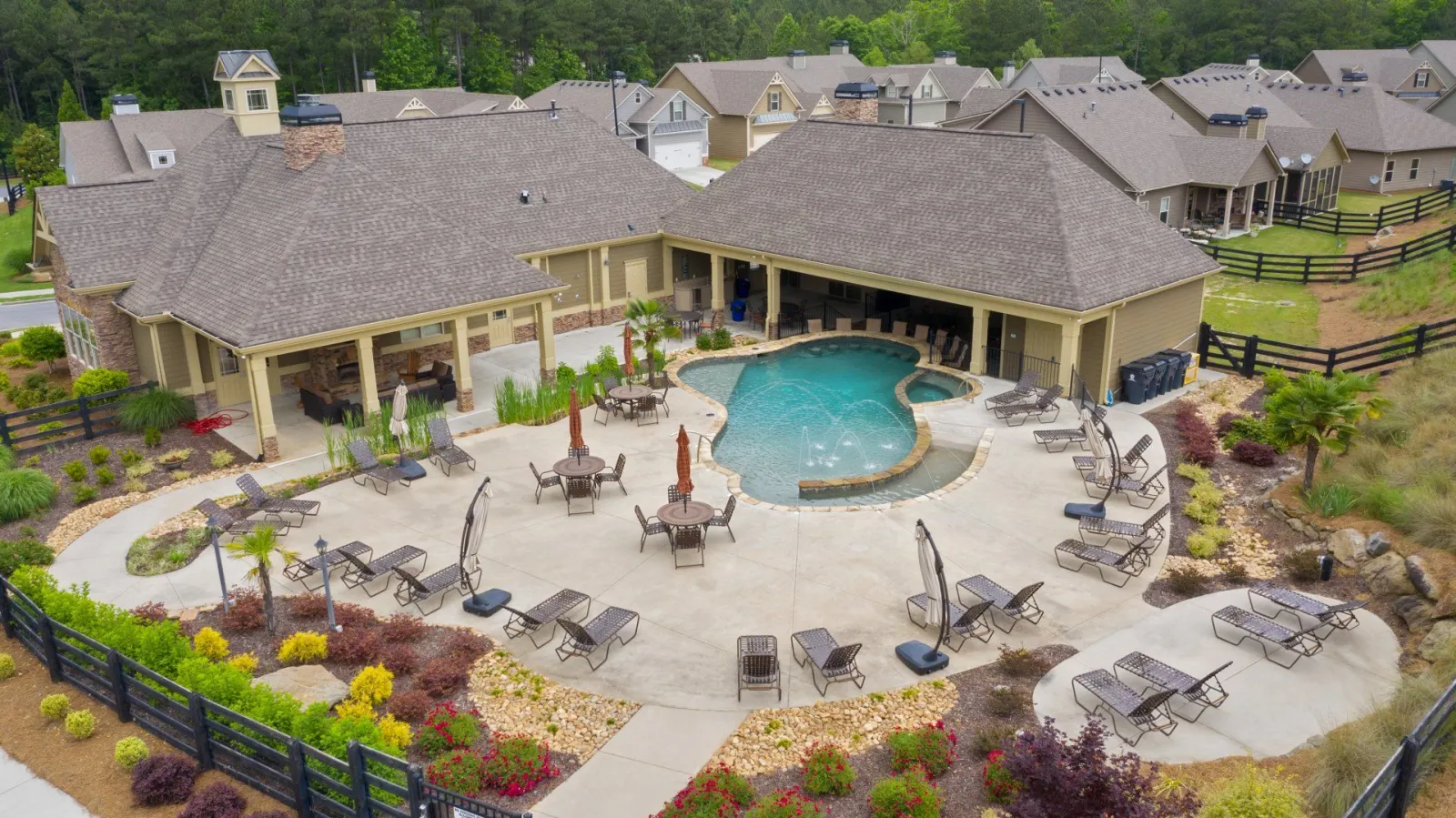 an overhead view of the pool and private clubhouse at Stratford