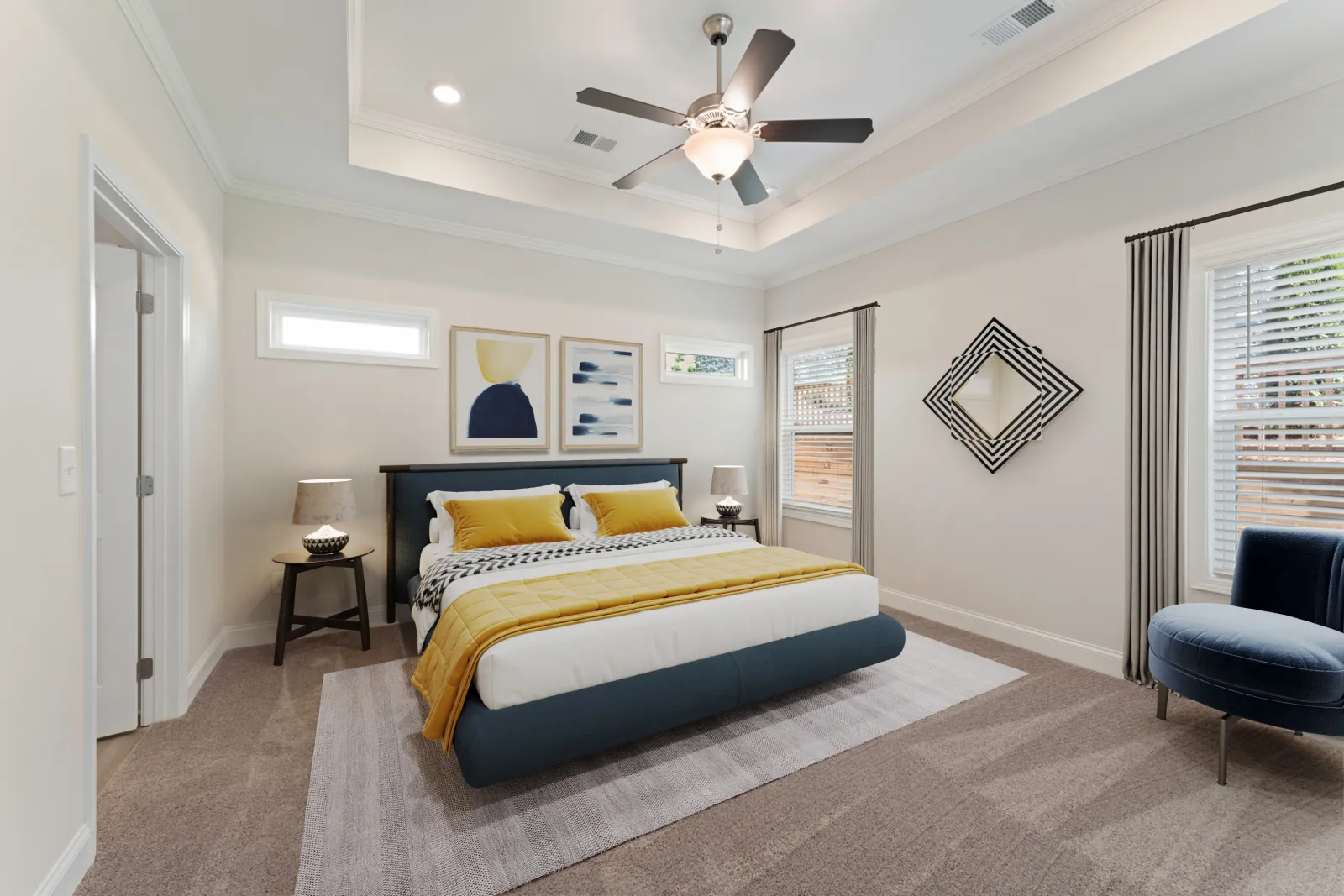 a bedroom with a bed and a fan