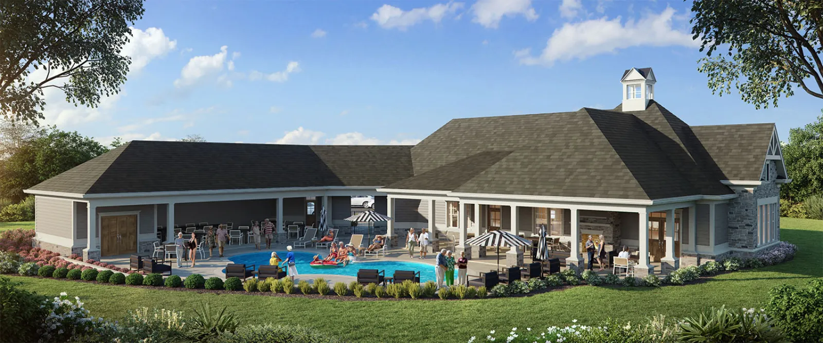 Modern clubhouse with outdoor pool, lounge chairs, umbrellas, and landscaped greenery under a blue sky.