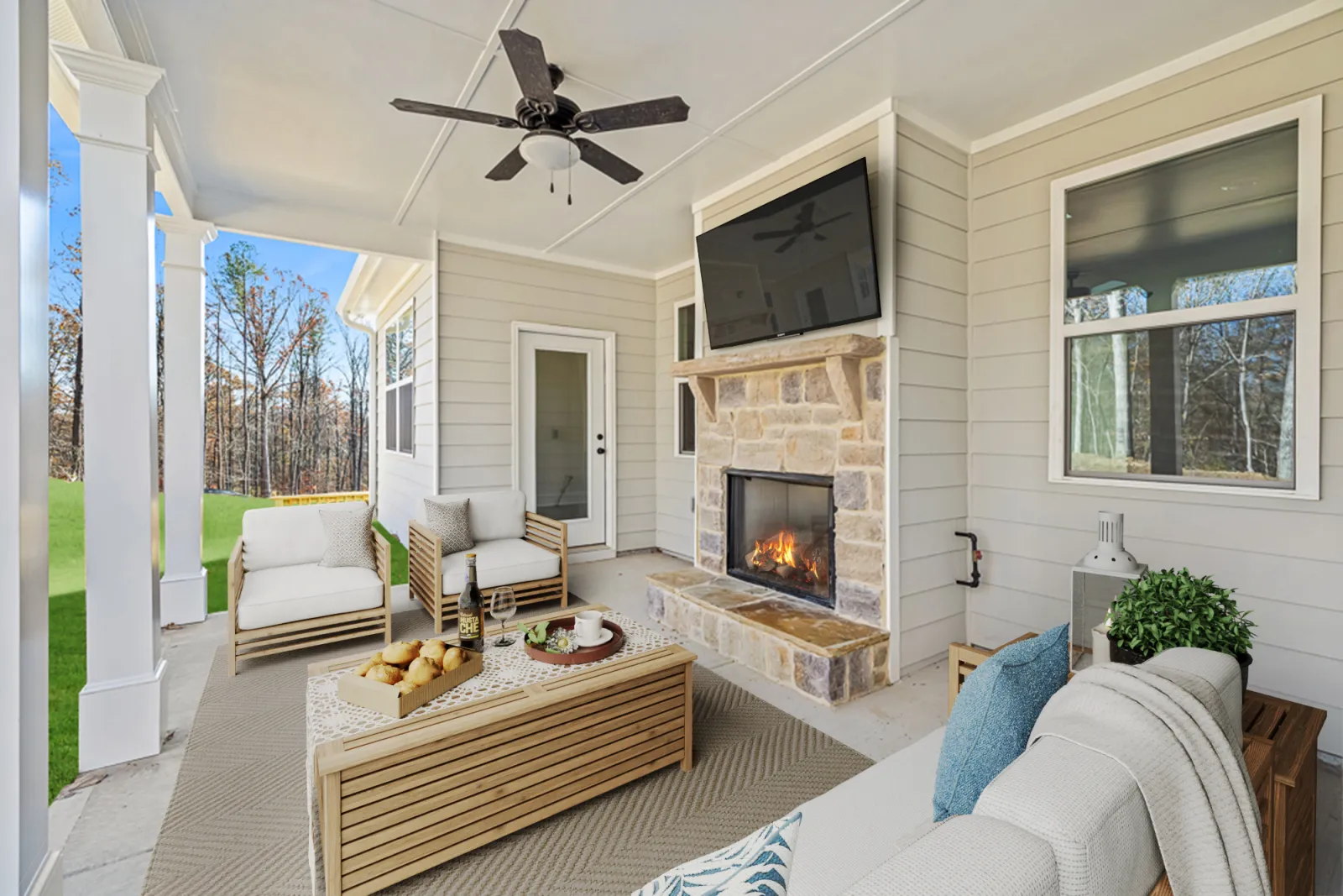 a living room with a fireplace