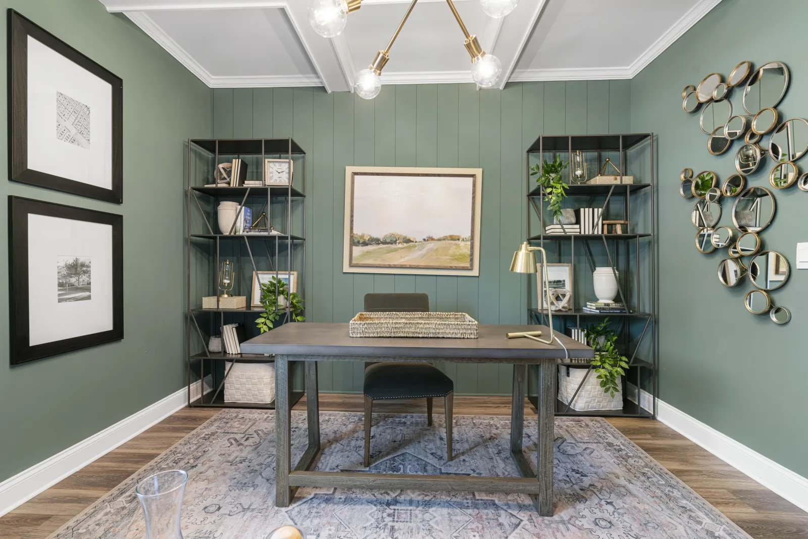 a room with a table and shelves