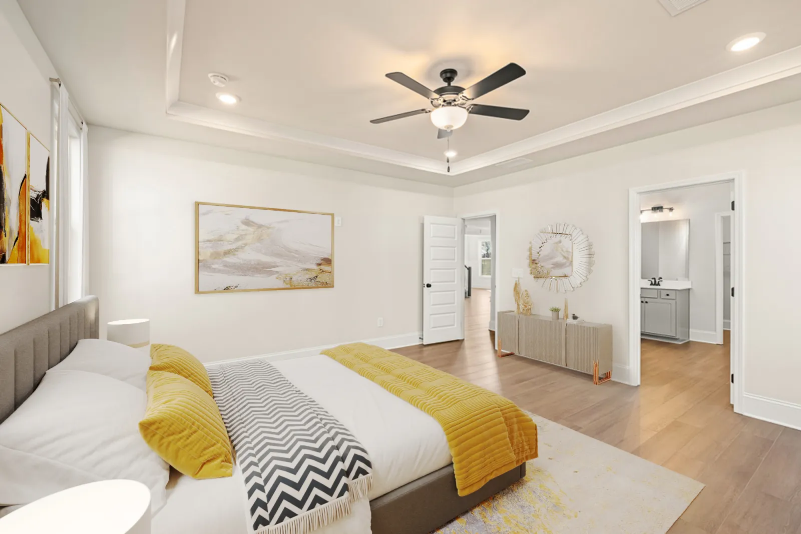 a bedroom with a bed and a fan