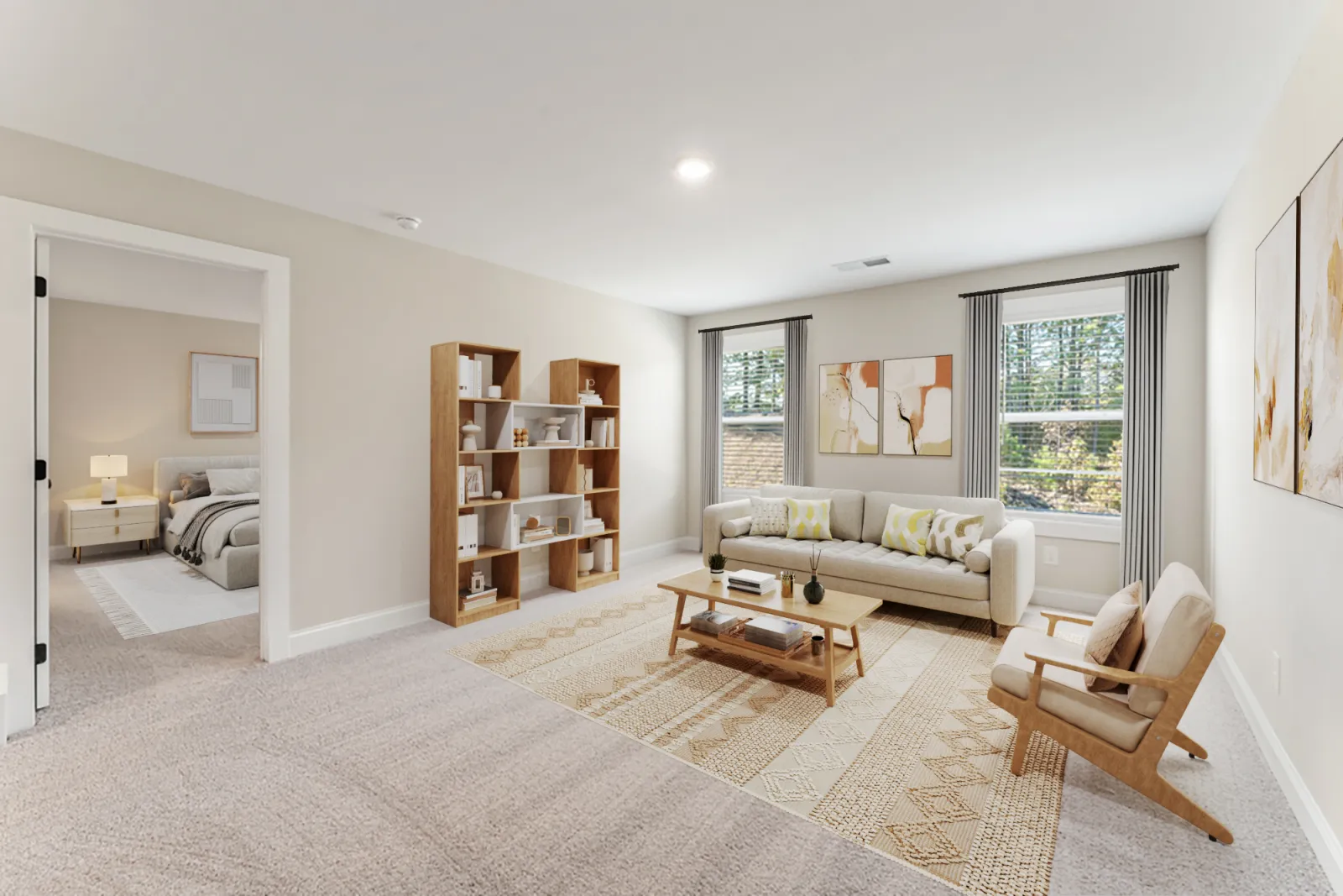 a living room with a rug and a bookcase