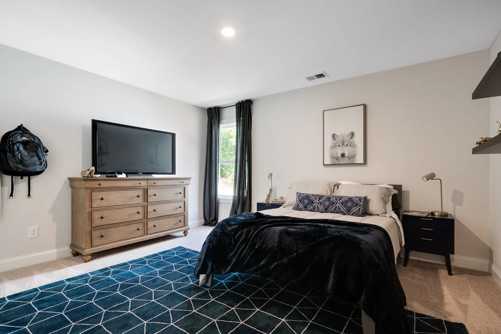 a bedroom with a tv and bed