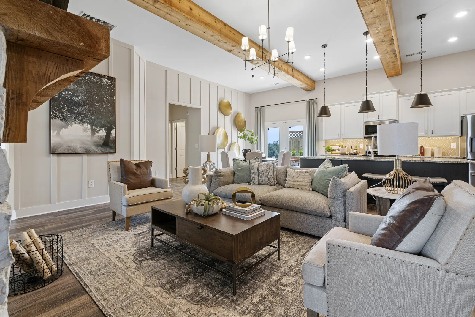 a living room with a wood ceiling