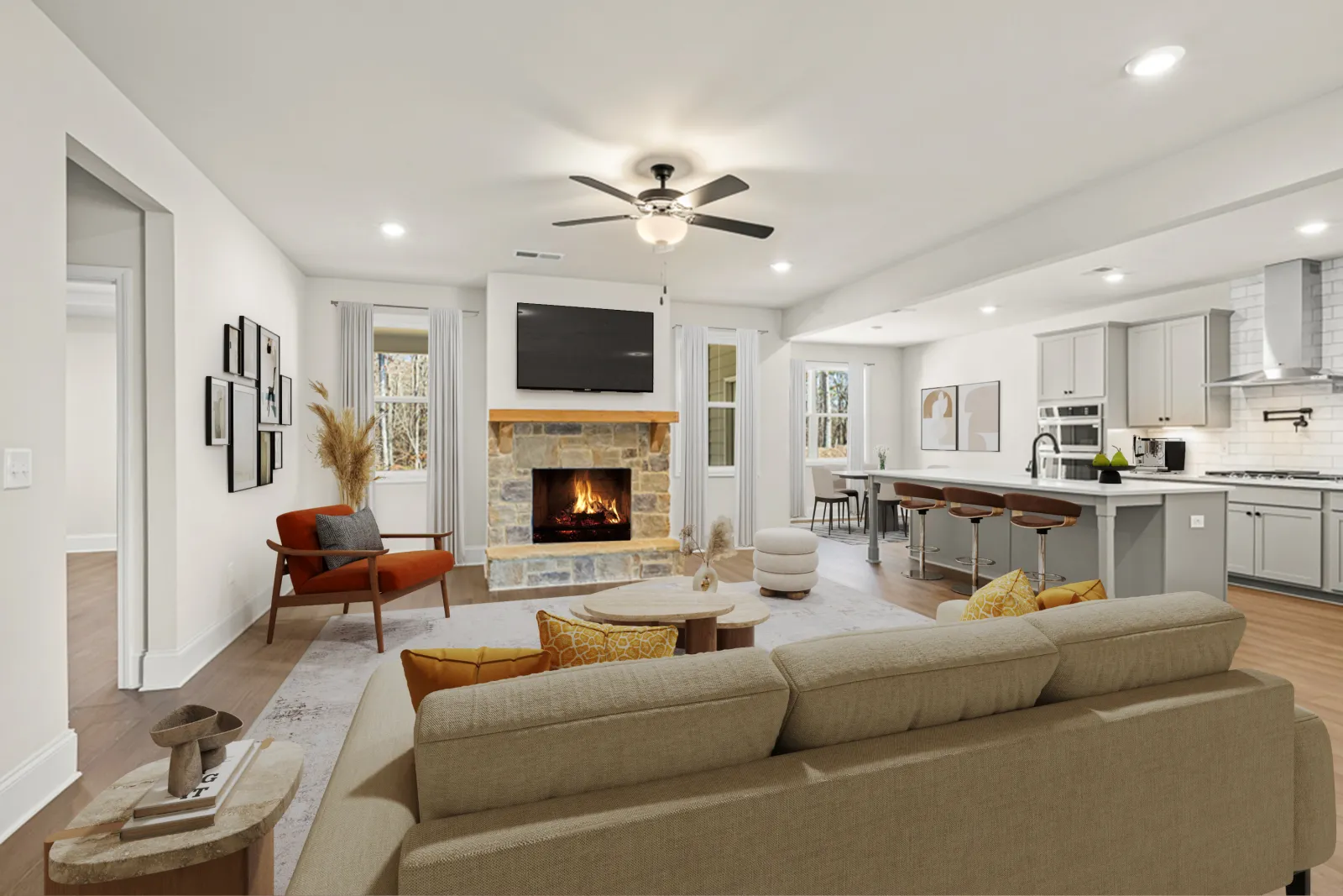 a living room with a fireplace