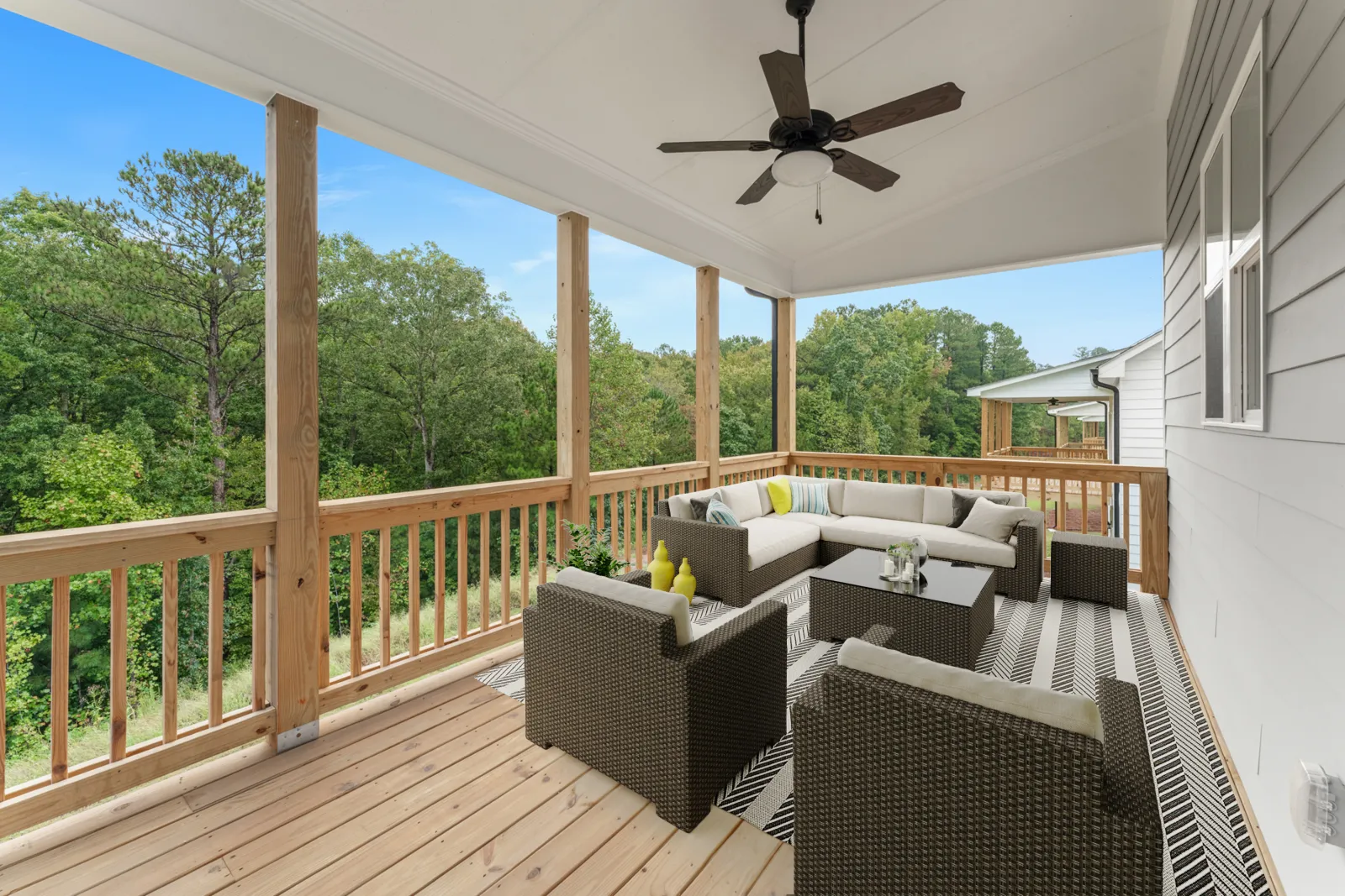 a living room with a deck