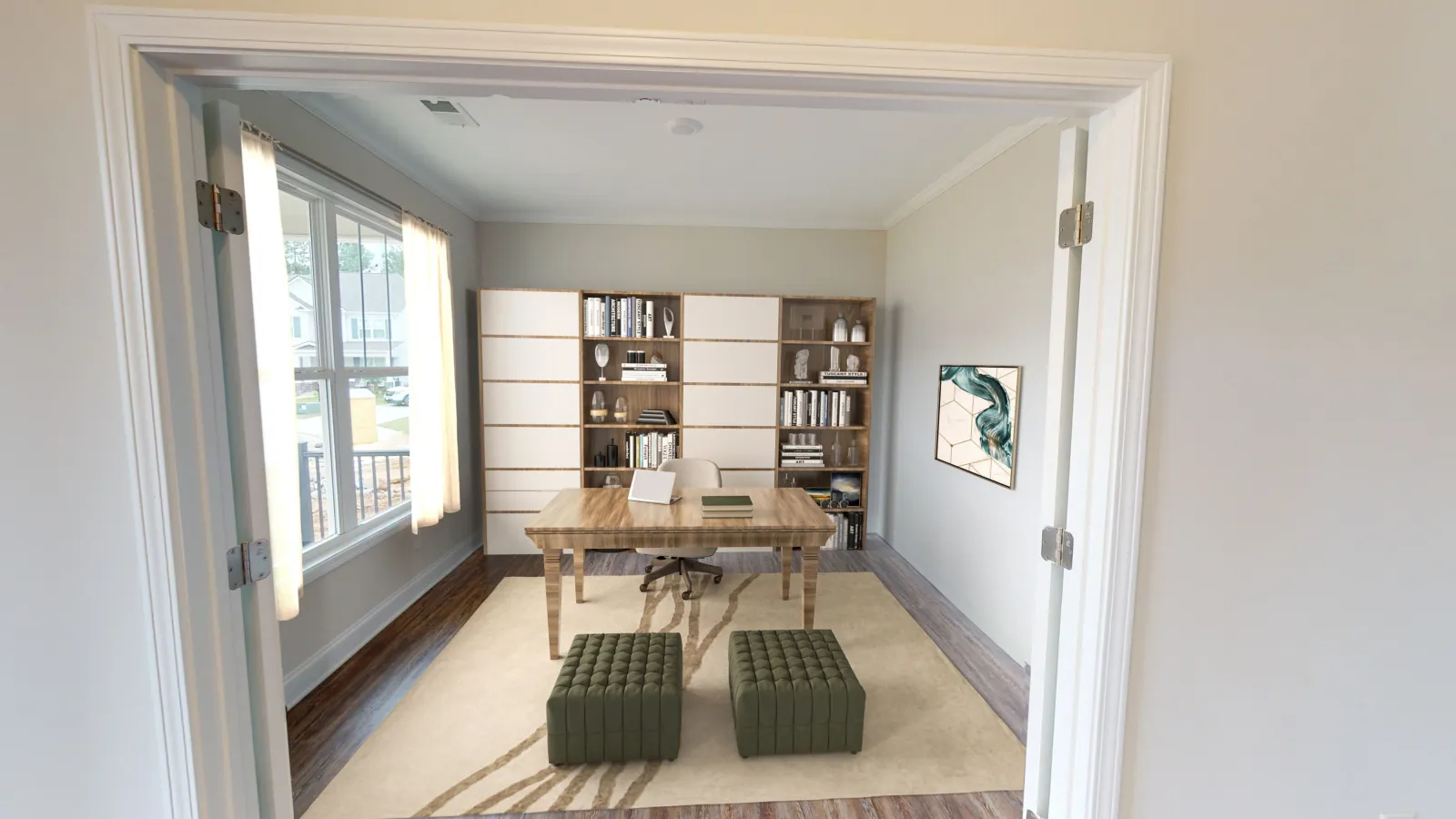 a room with a table and bookshelves