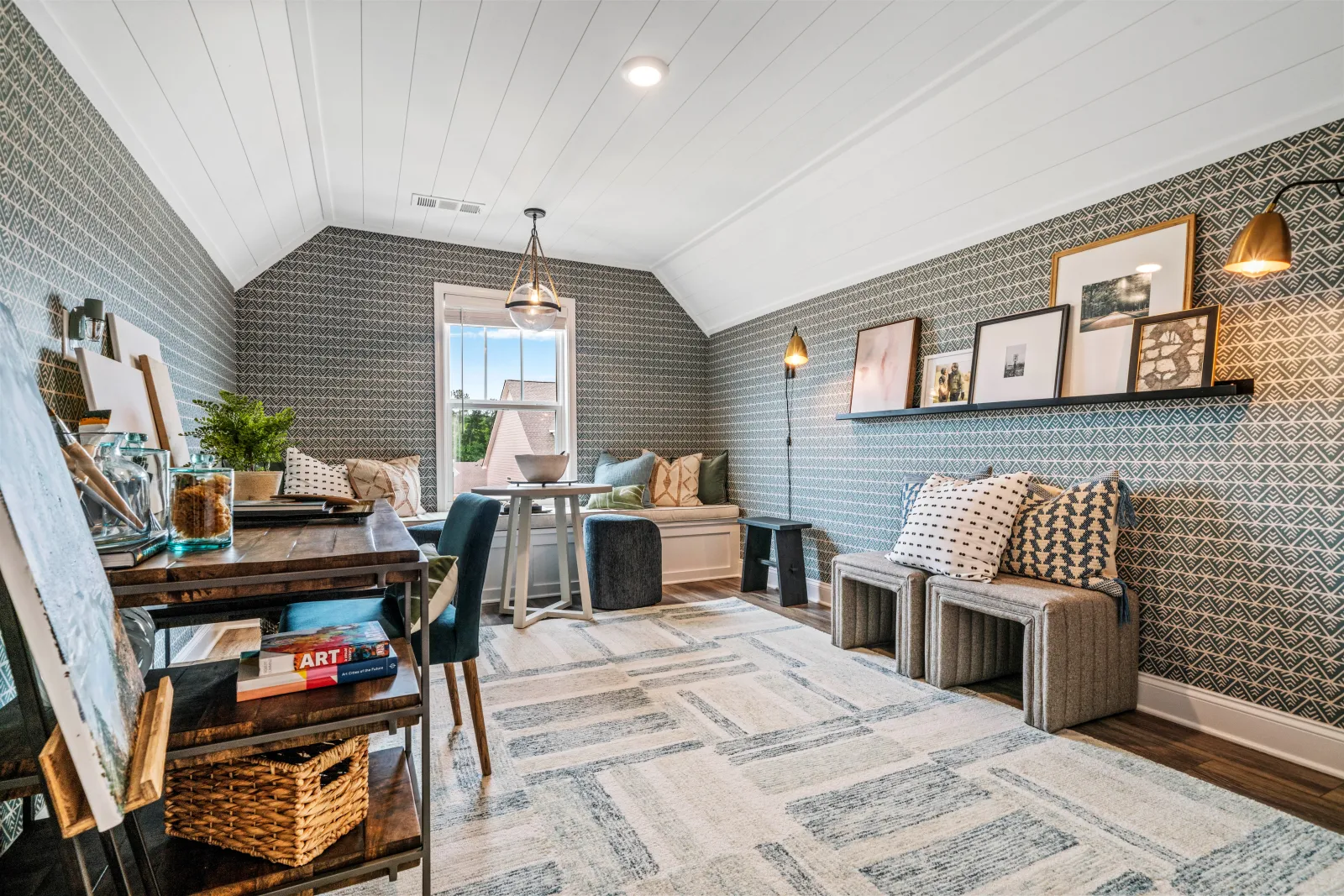 a room with a couch and a table with a basket and a basket