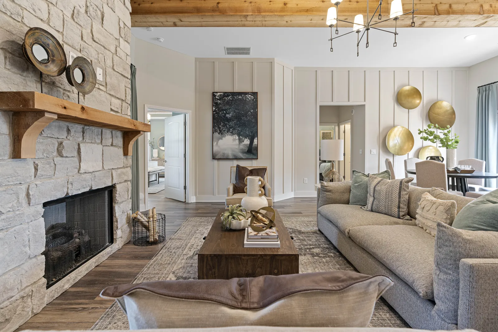 a living room with a fireplace