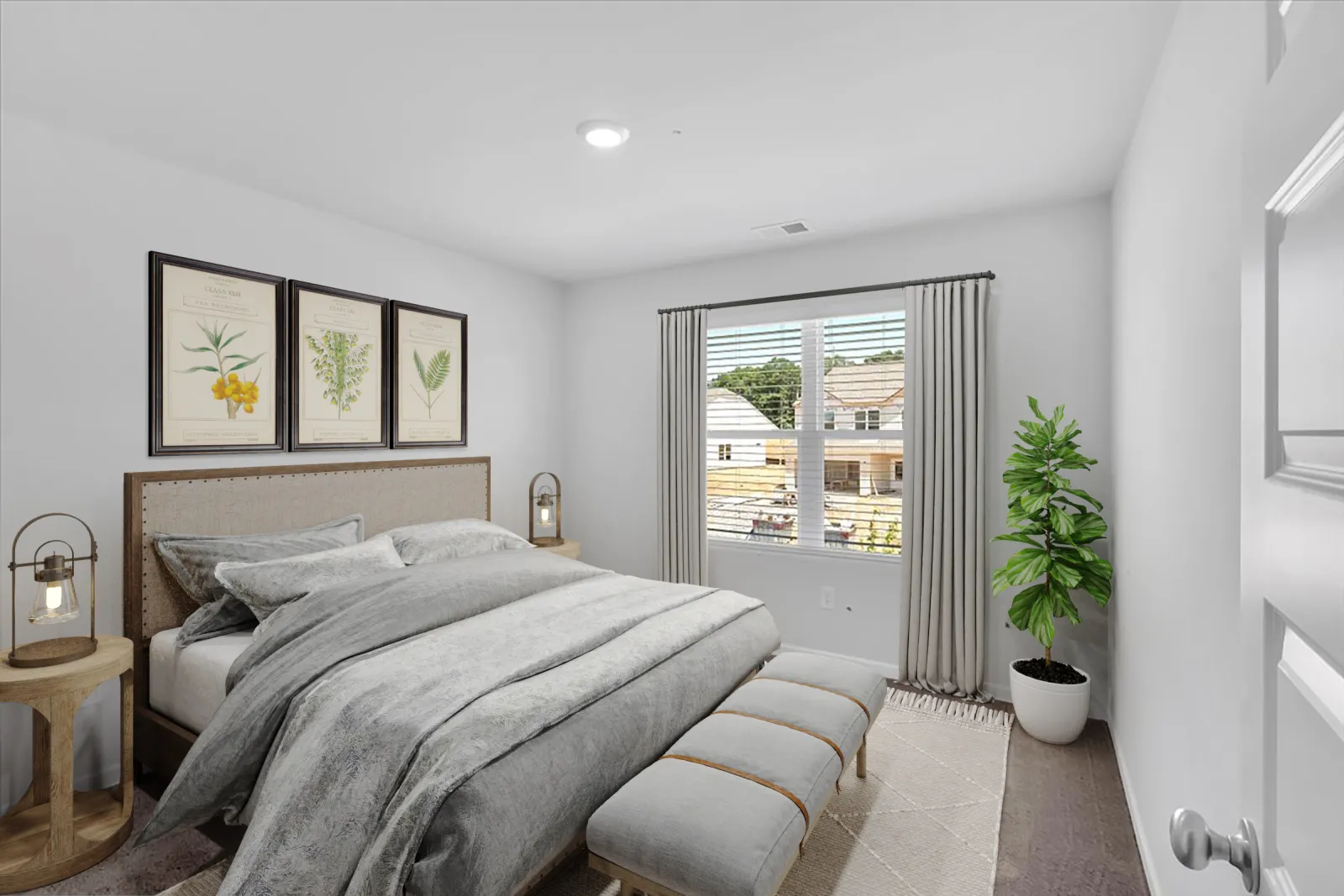 Modern bedroom with a large bed, botanical wall art, wooden nightstands, and a potted plant by the window.