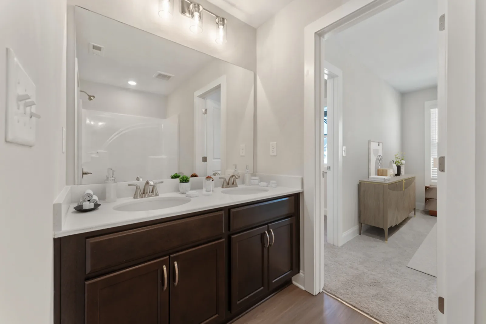 a bathroom with a large mirror