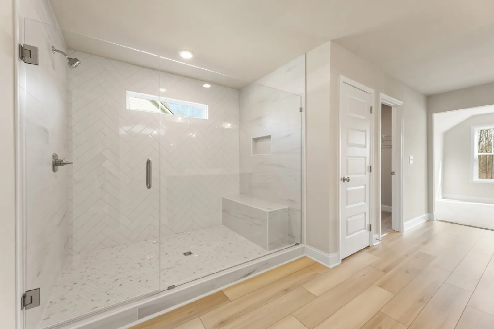 a bathroom with a glass shower