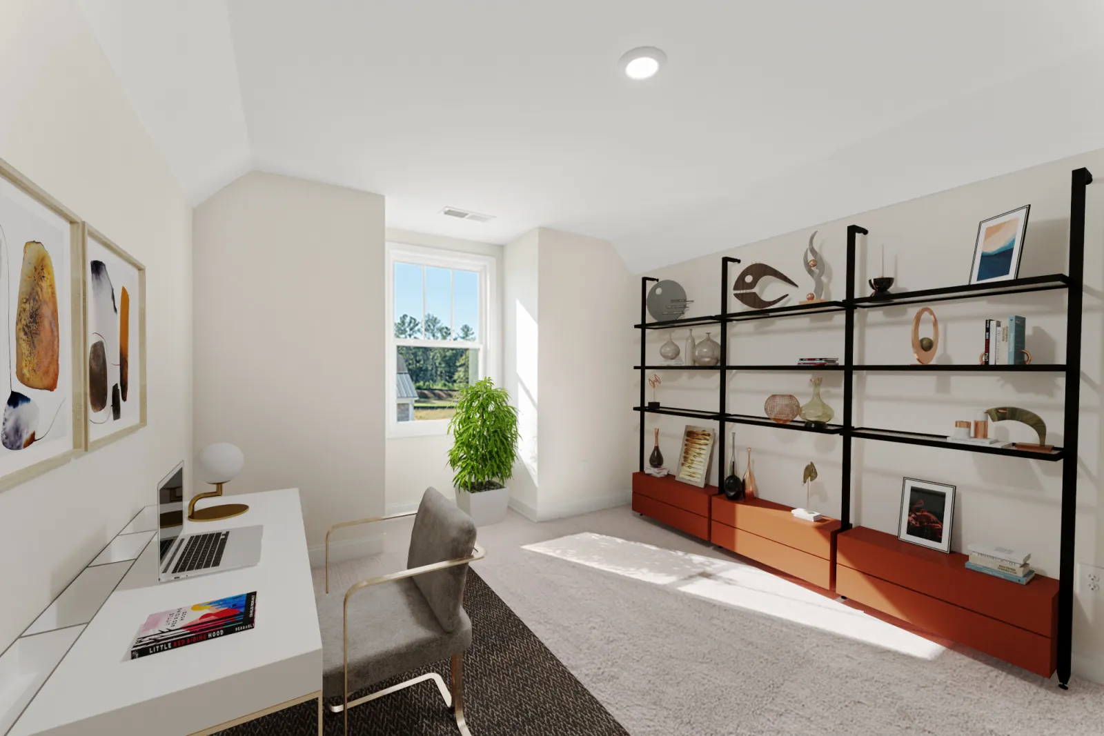 a room with a white shelf and a white chair