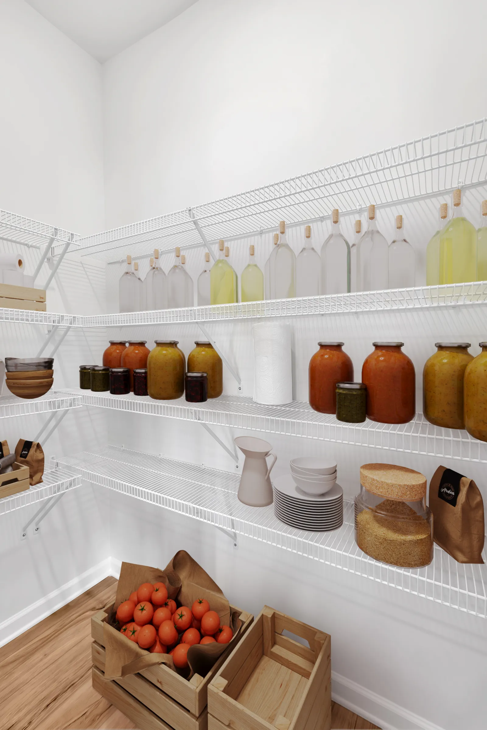Organized pantry with glass jars, preserves, dishes, and fresh produce on wooden shelves.