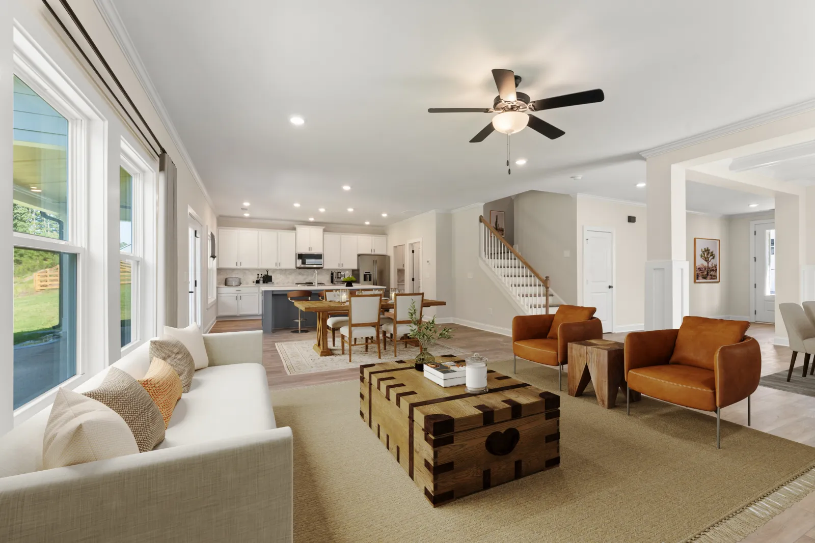 a living room with a large staircase