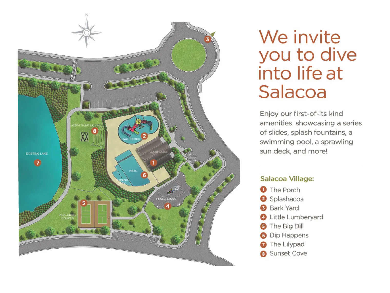 Map of Salacoa Village showing amenities like pool, splash fountain, playground, tennis courts, and lake area.
