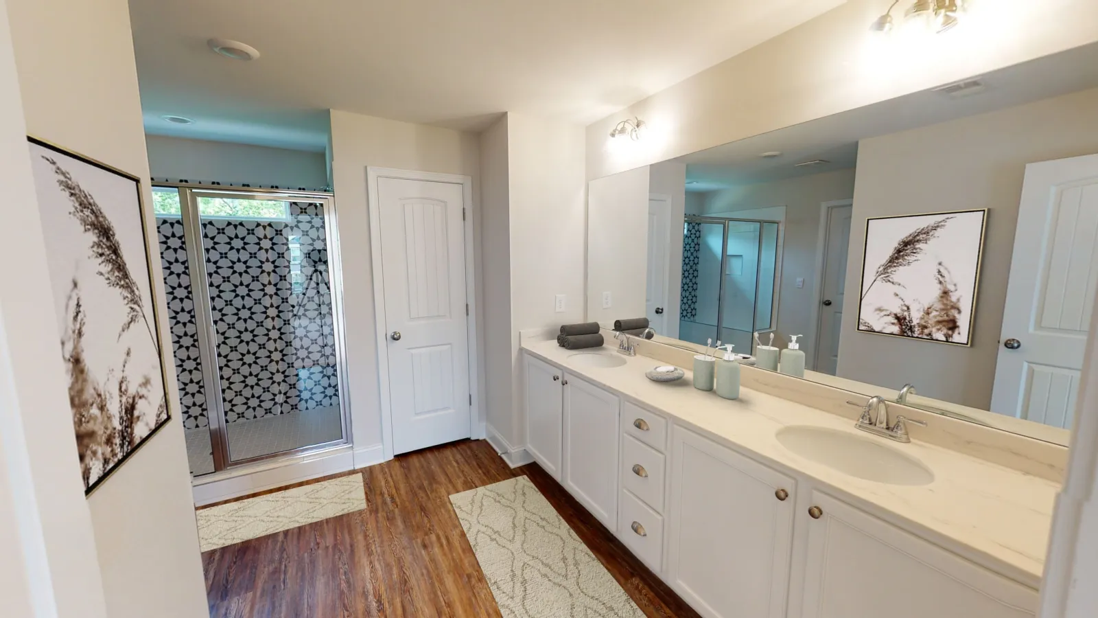 a bathroom with a large mirror