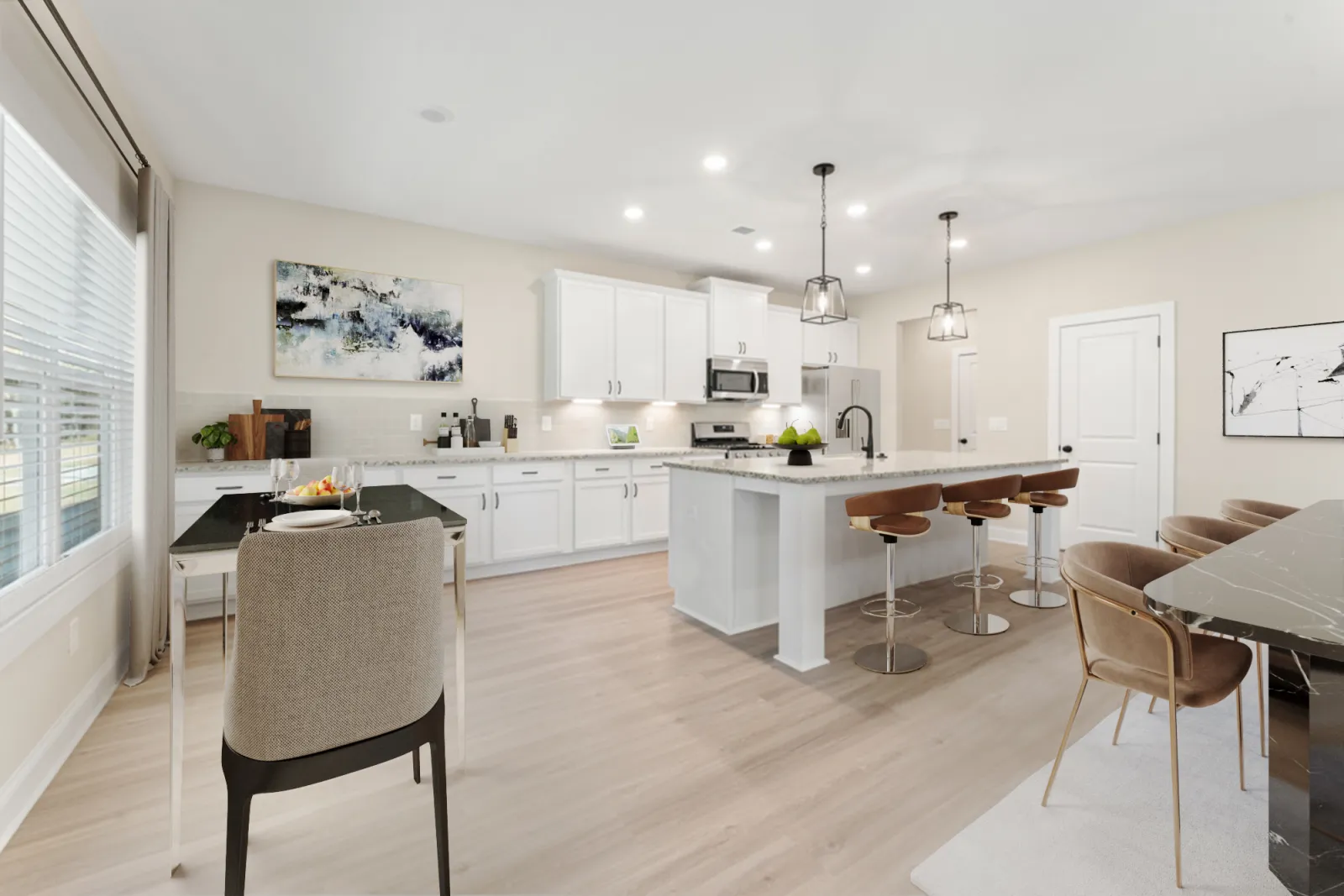 a kitchen with white cabinets