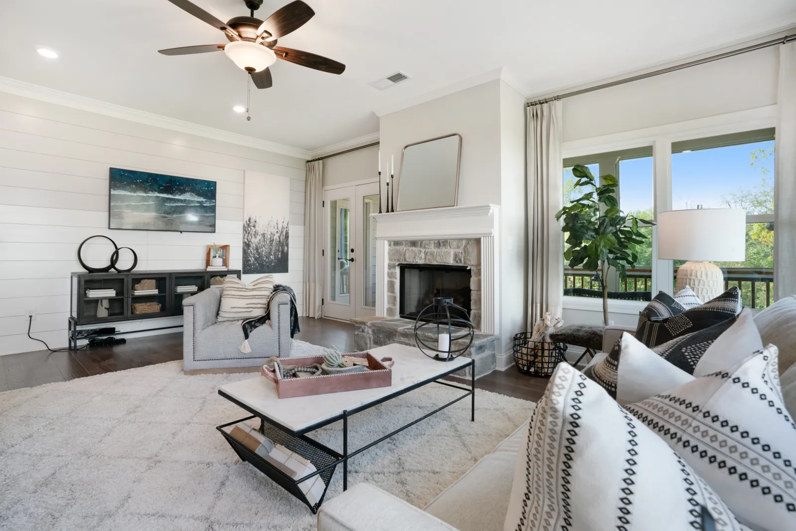 a living room with a fireplace