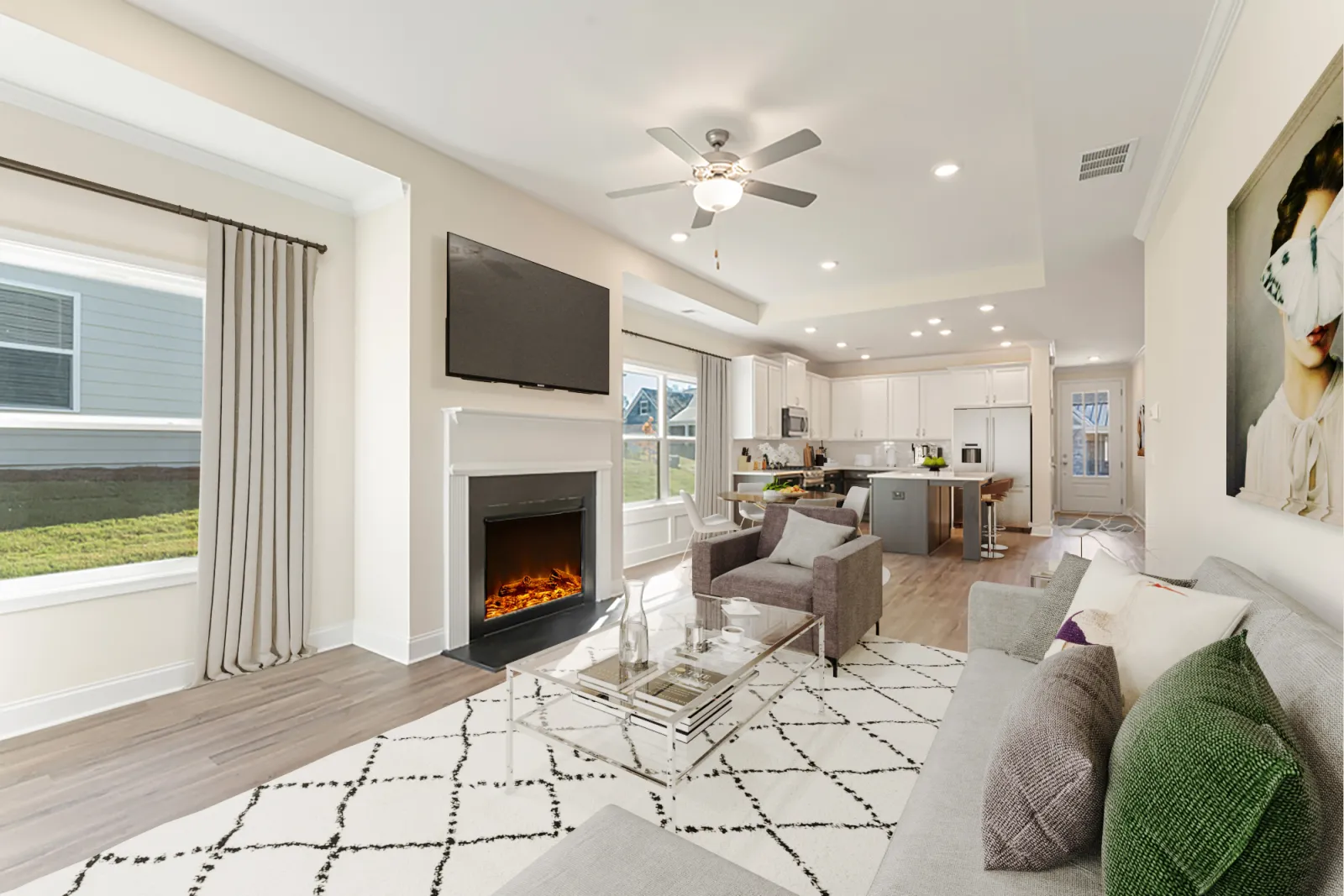 a living room with a fireplace