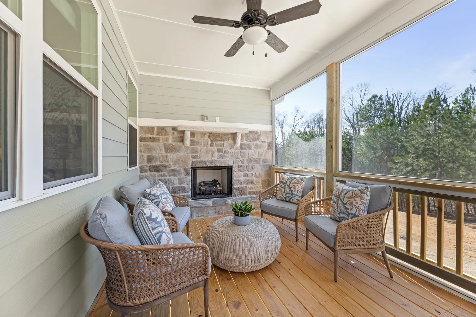 a living room with a fireplace