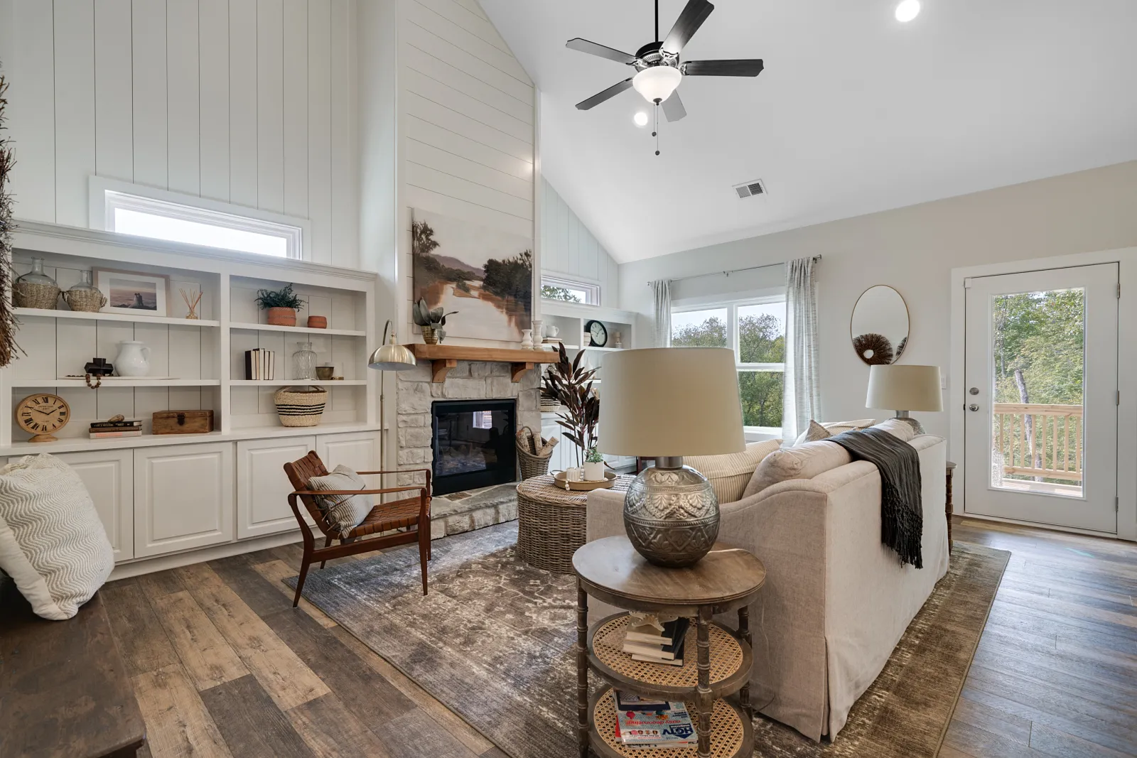 a living room with a fireplace