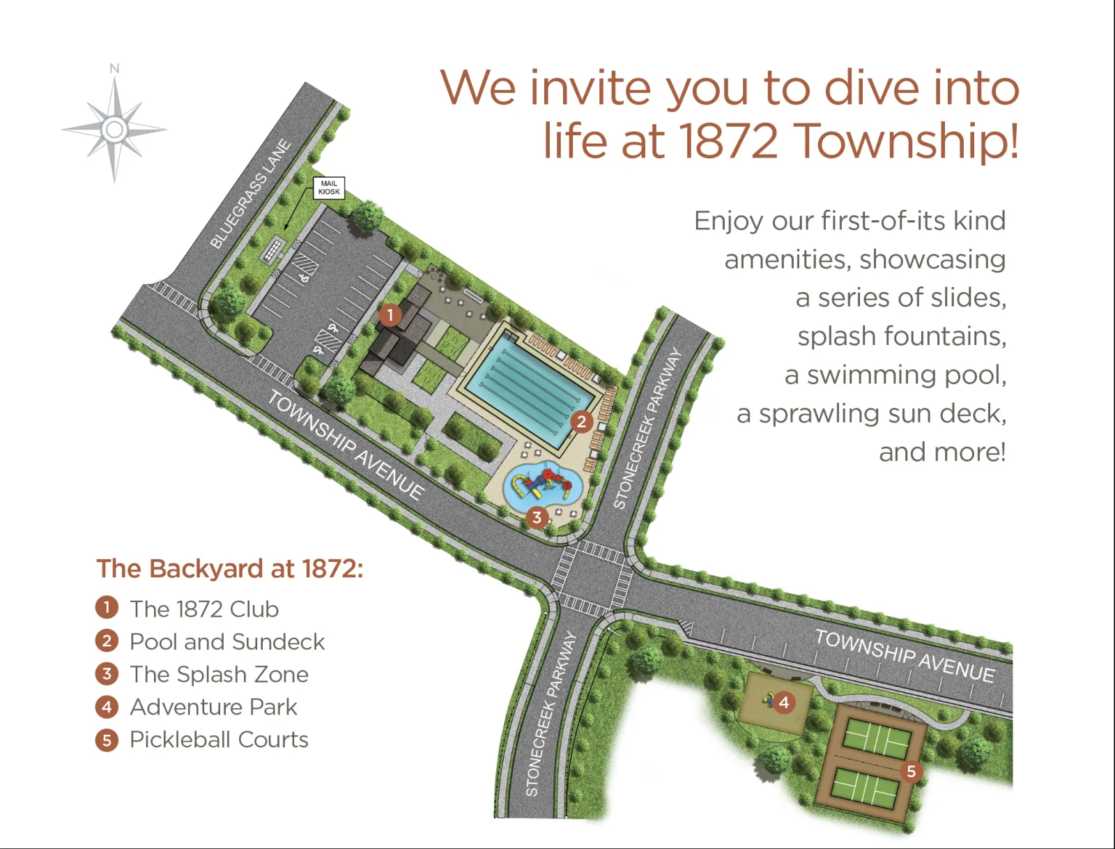 Illustrated map of 1872 Township showing amenities including pool, splash zone, tennis courts, and clubhouse near intersecting roads.