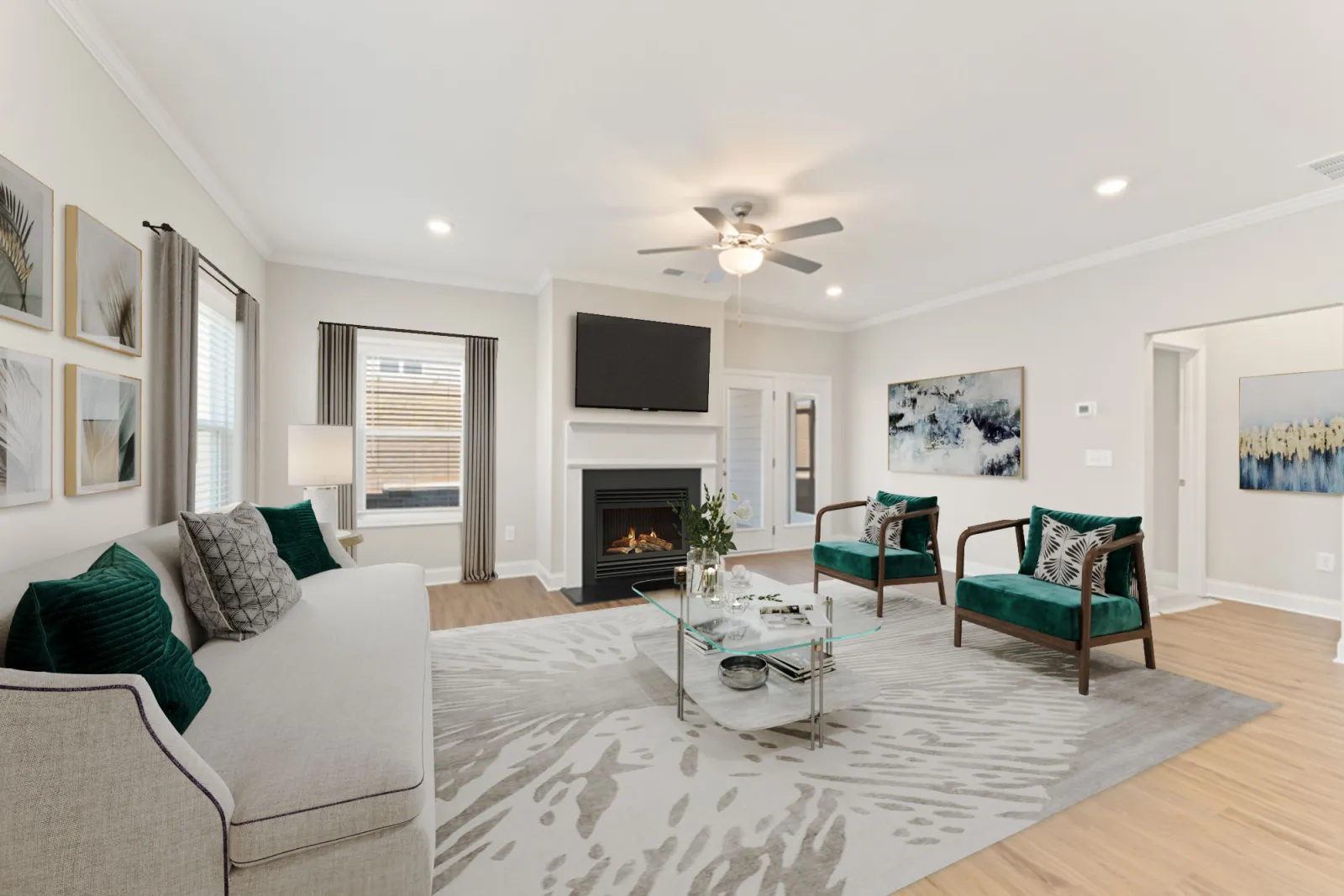 a living room with a fireplace