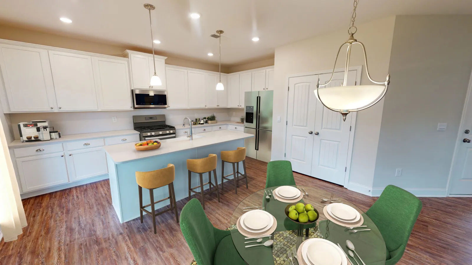 a kitchen with white cabinets