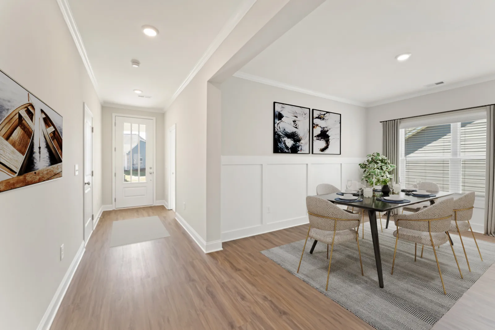 a dining room with a wood floor