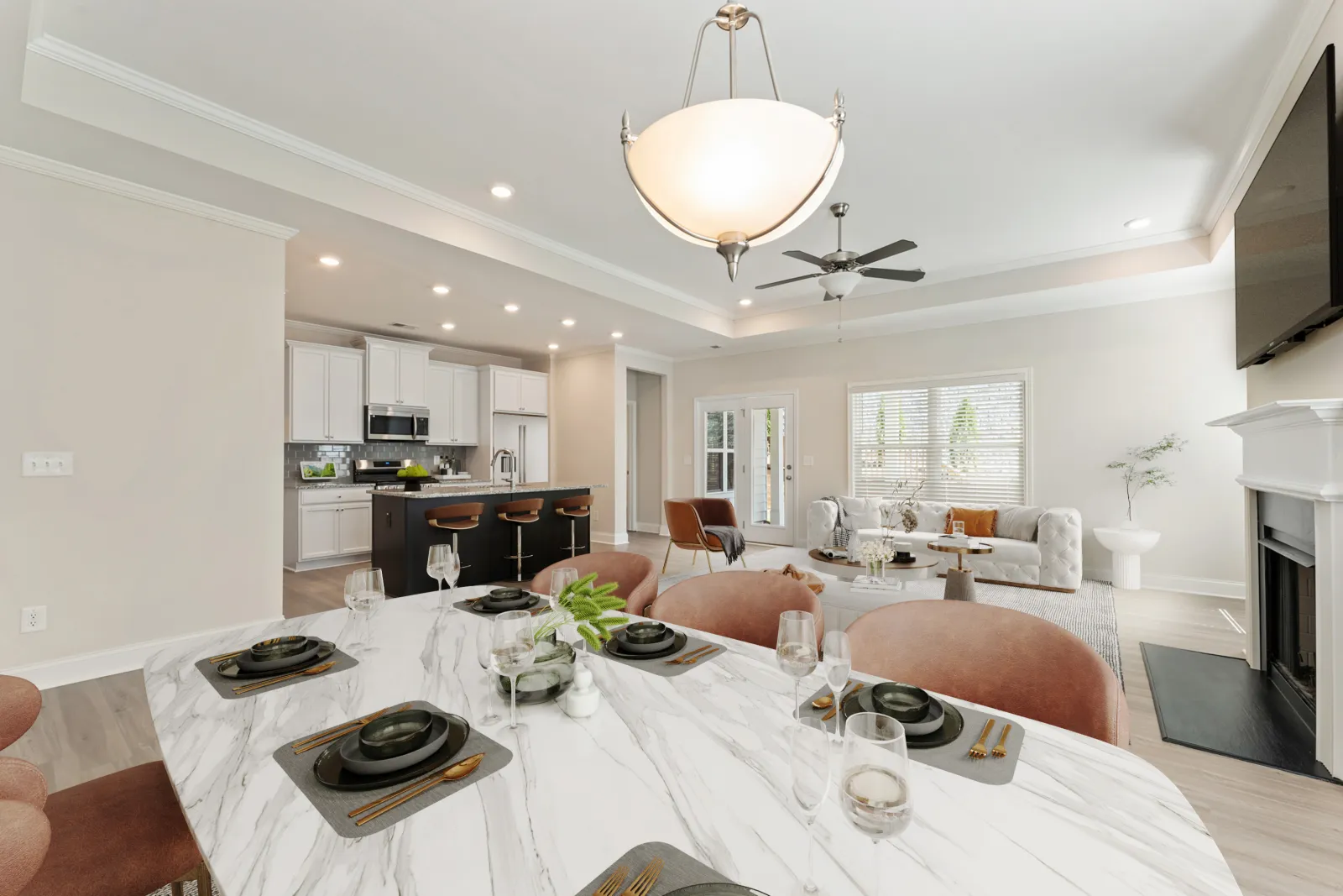 a dining room with a chandelier and a table set for a meal