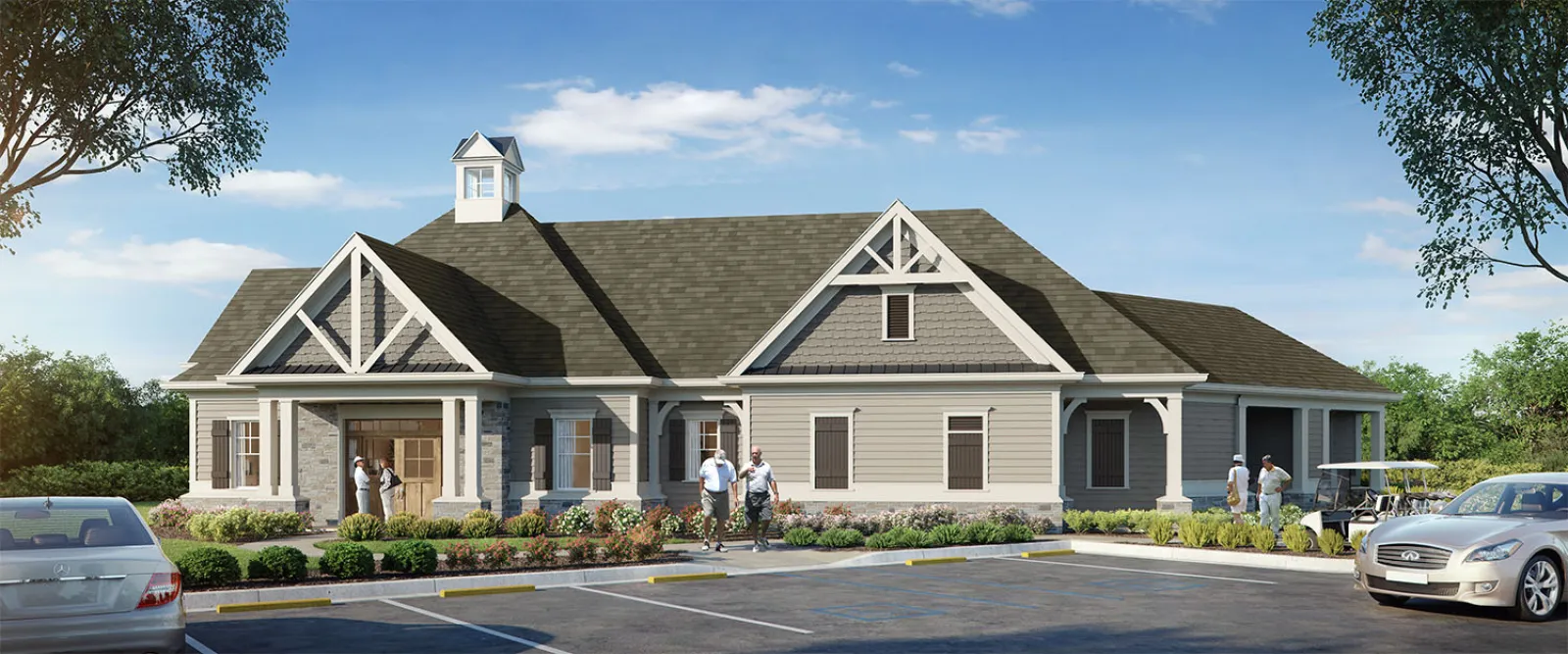 Modern single-story clubhouse with beige siding, pitched roof, entrance columns, and surrounding parking with cars and people.
