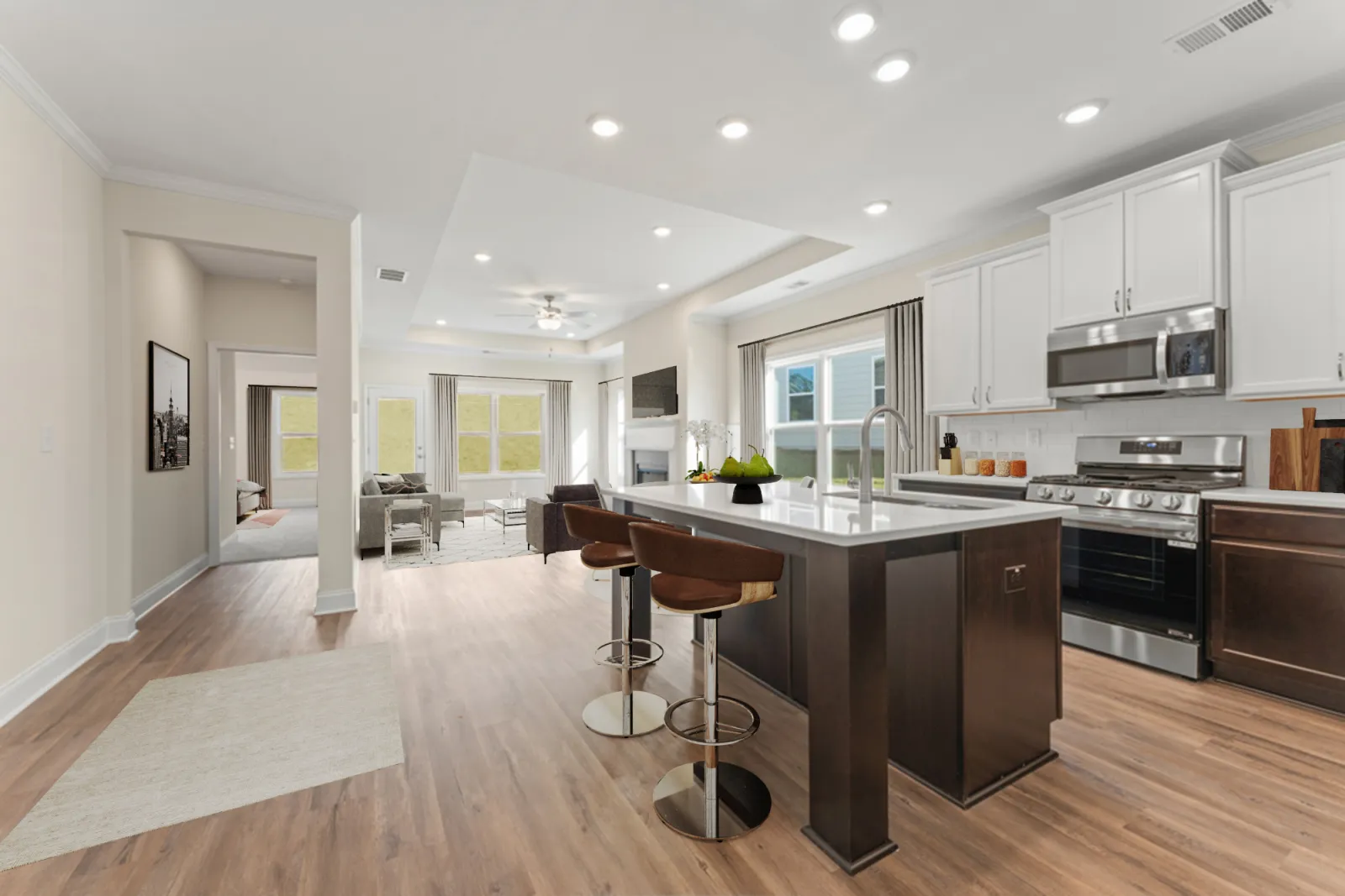 a kitchen with a wood floor