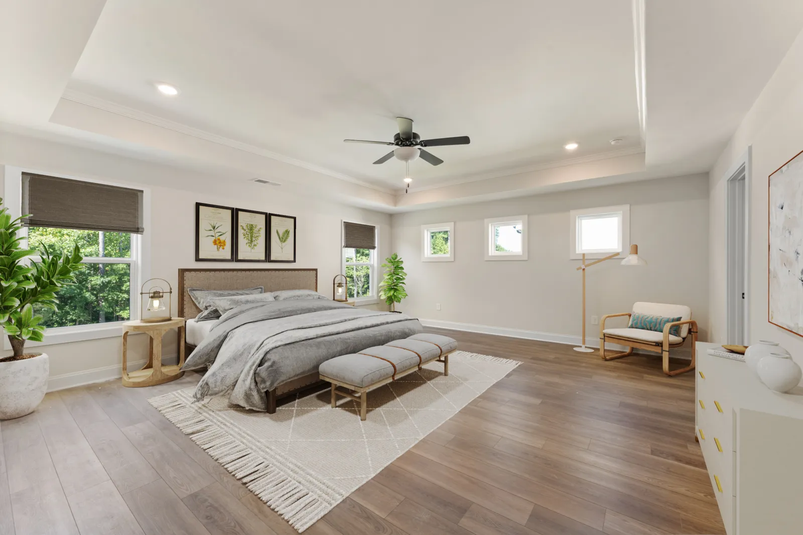 a bedroom with a wood floor