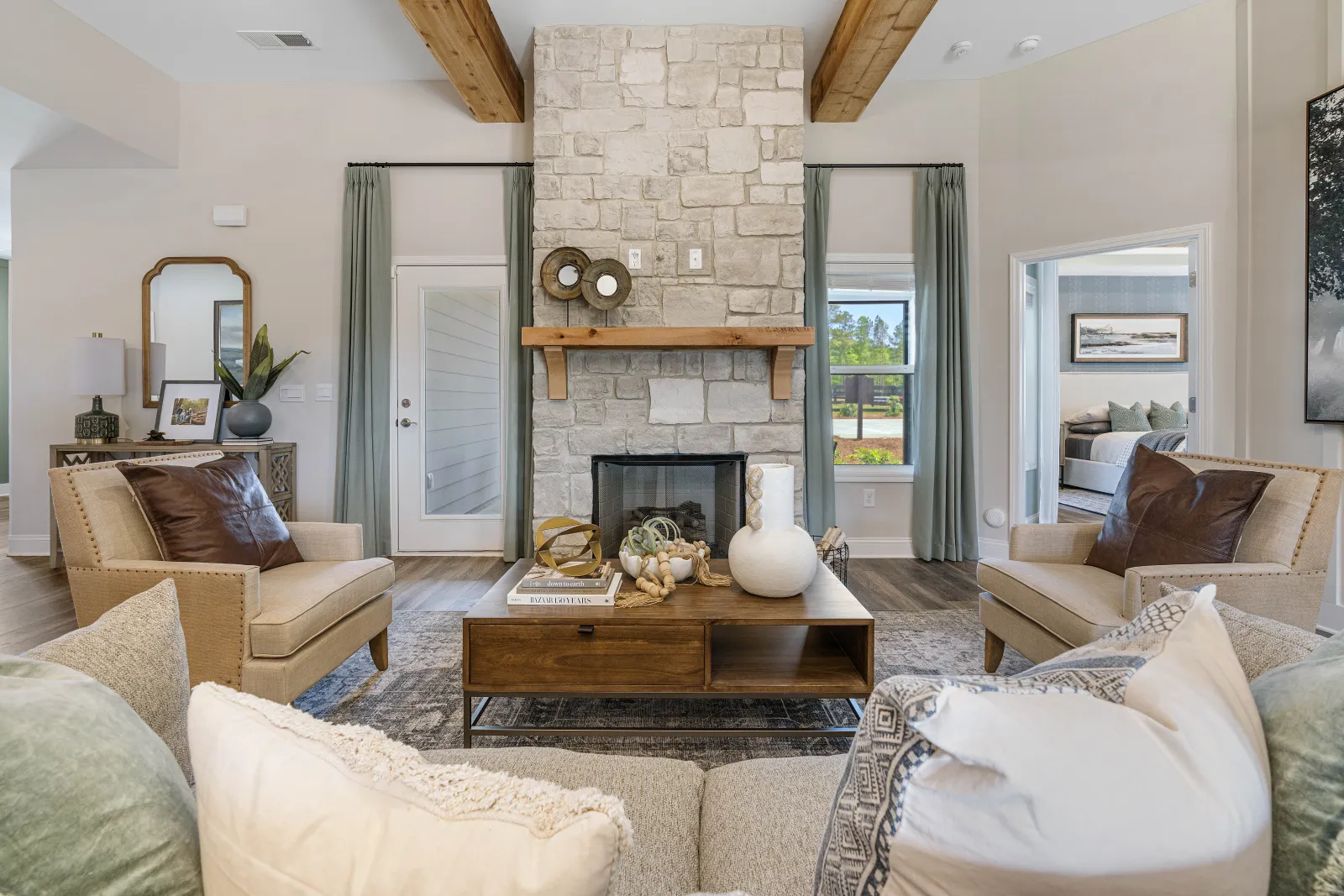 a living room with a fireplace