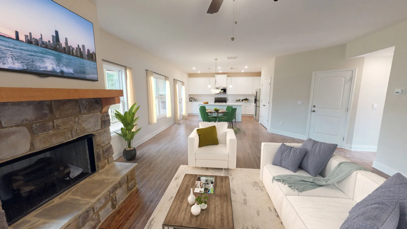 a living room with a fireplace