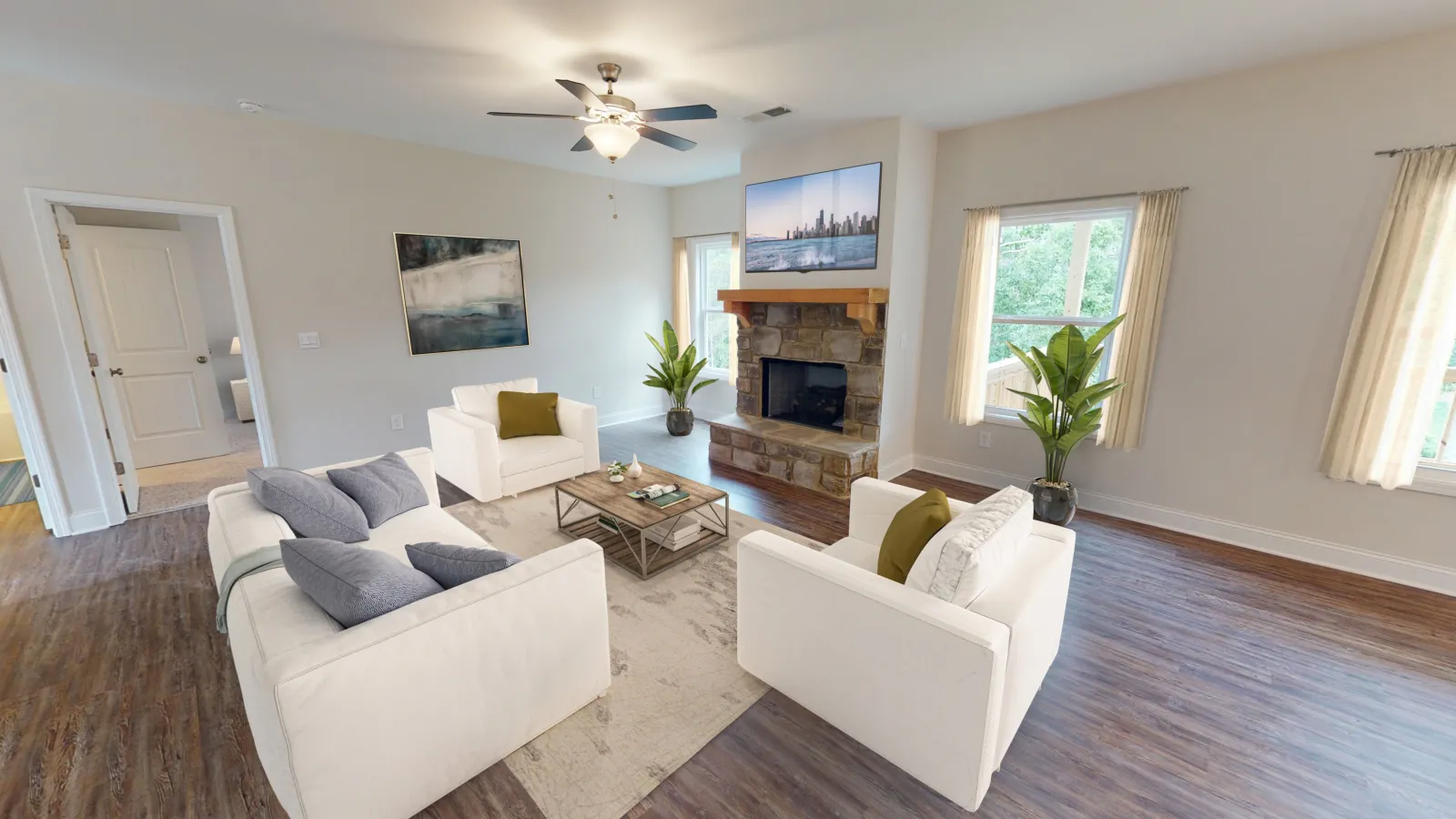 a living room with a fireplace