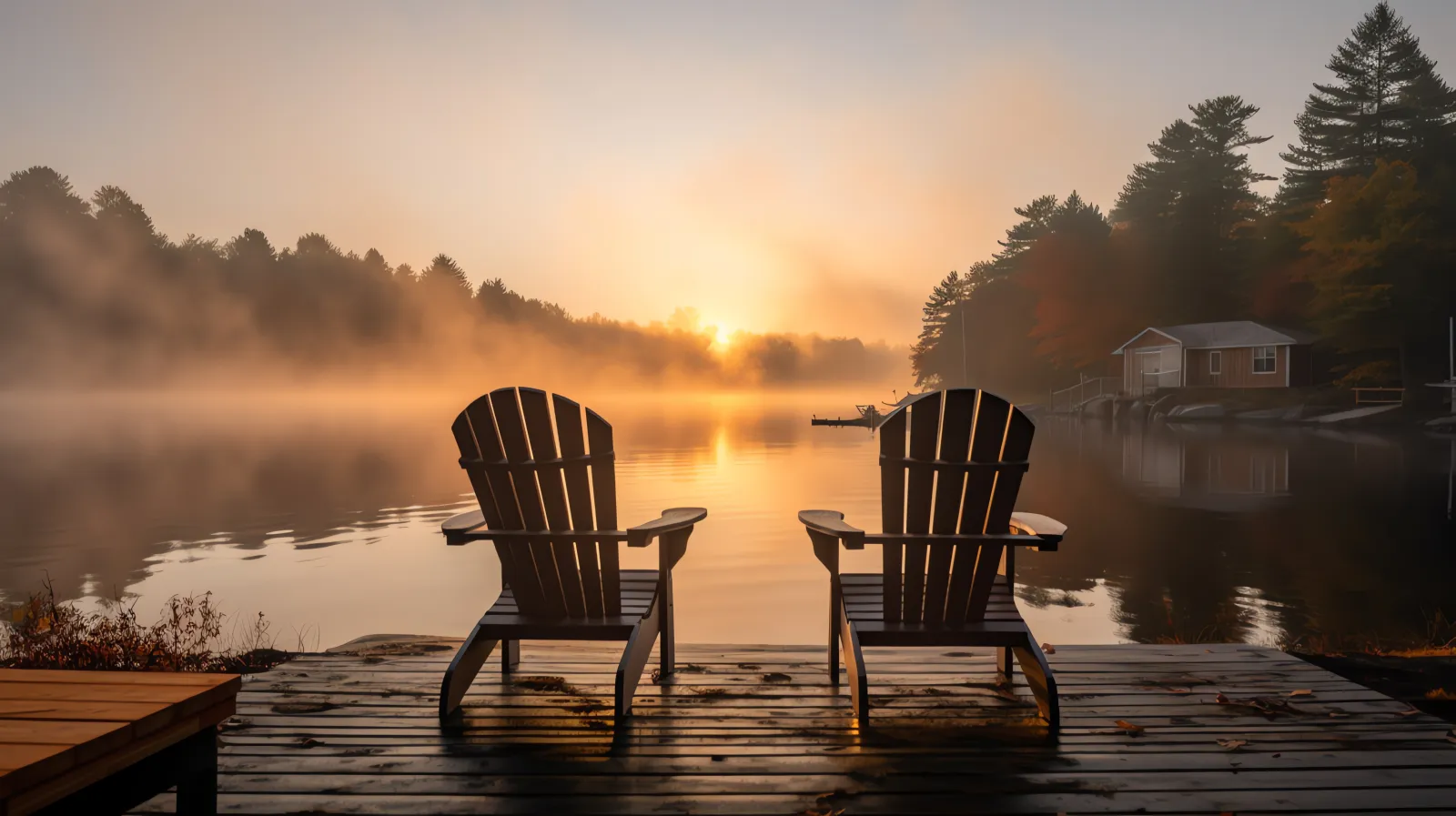 Two Adirondack chairs on a wooden dock overlooking a misty lake at sunrise with a cabin and trees nearby