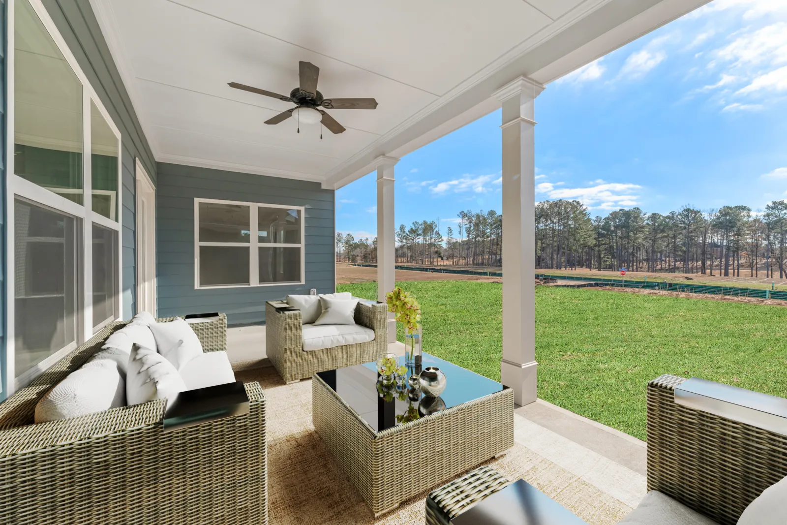 a living room with a large lawn