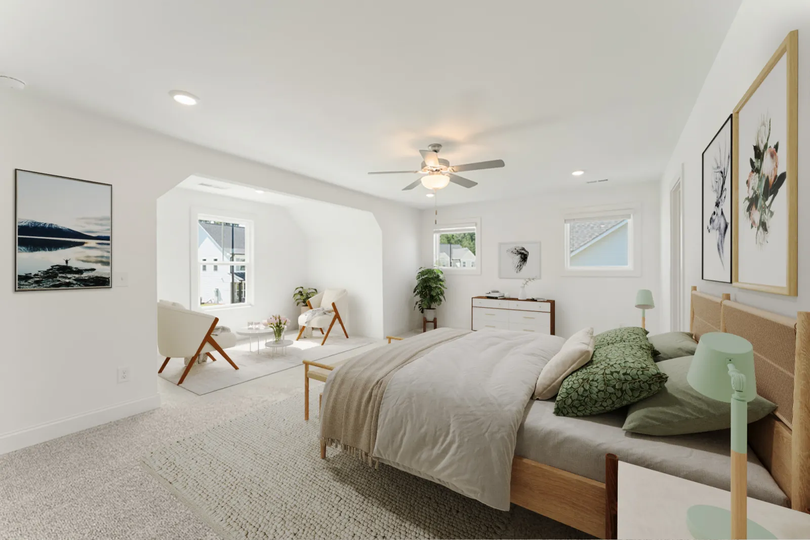 a bedroom with a bed and a fan