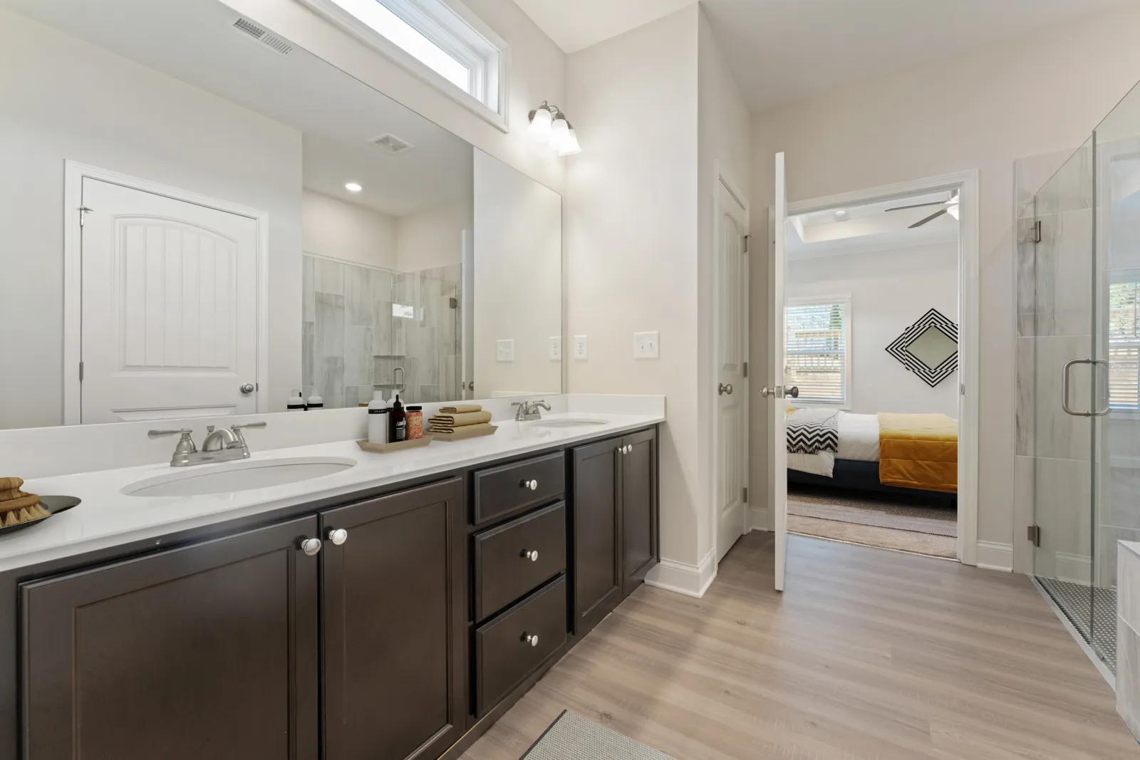 a bathroom with a large mirror