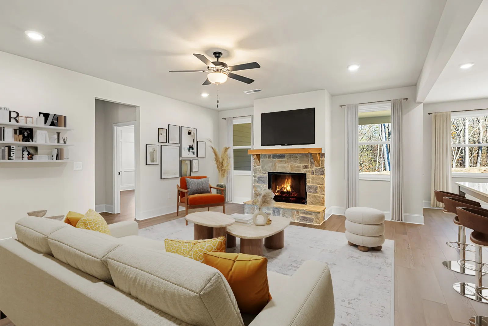 a living room with a fireplace