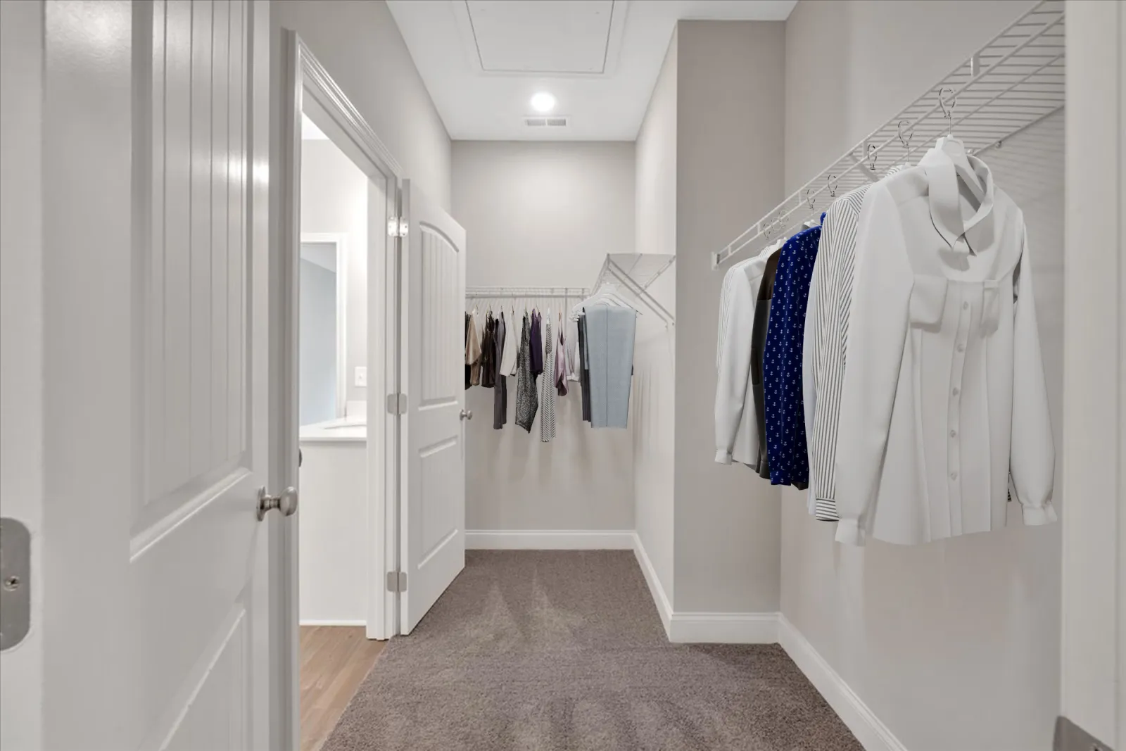 Modern walk-in closet with white walls, hanging clothes, carpeted floor, and a bright ceiling light