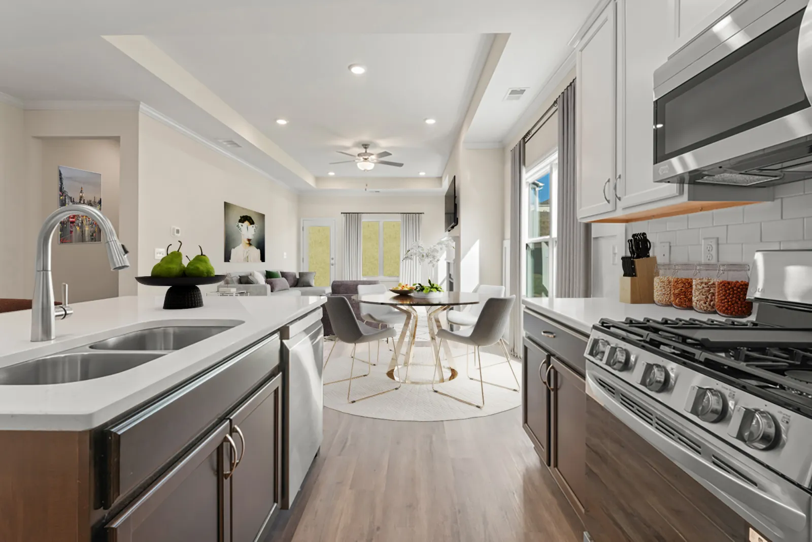 a kitchen with a wood floor