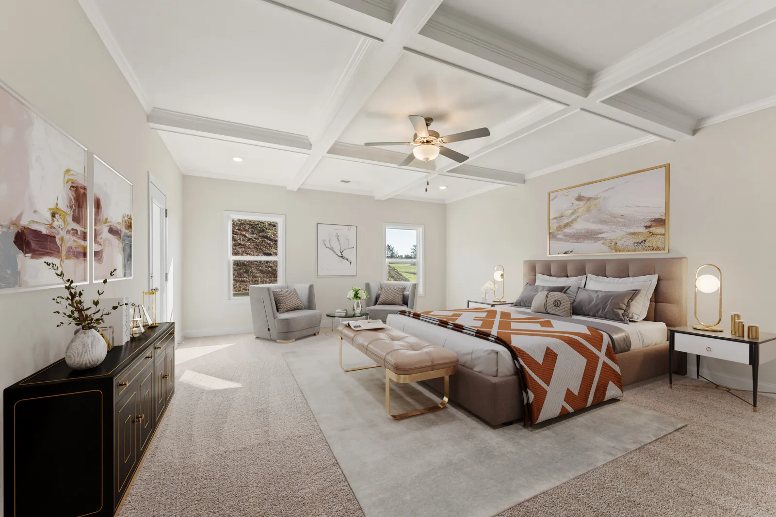 a large living room with a large ceiling fan