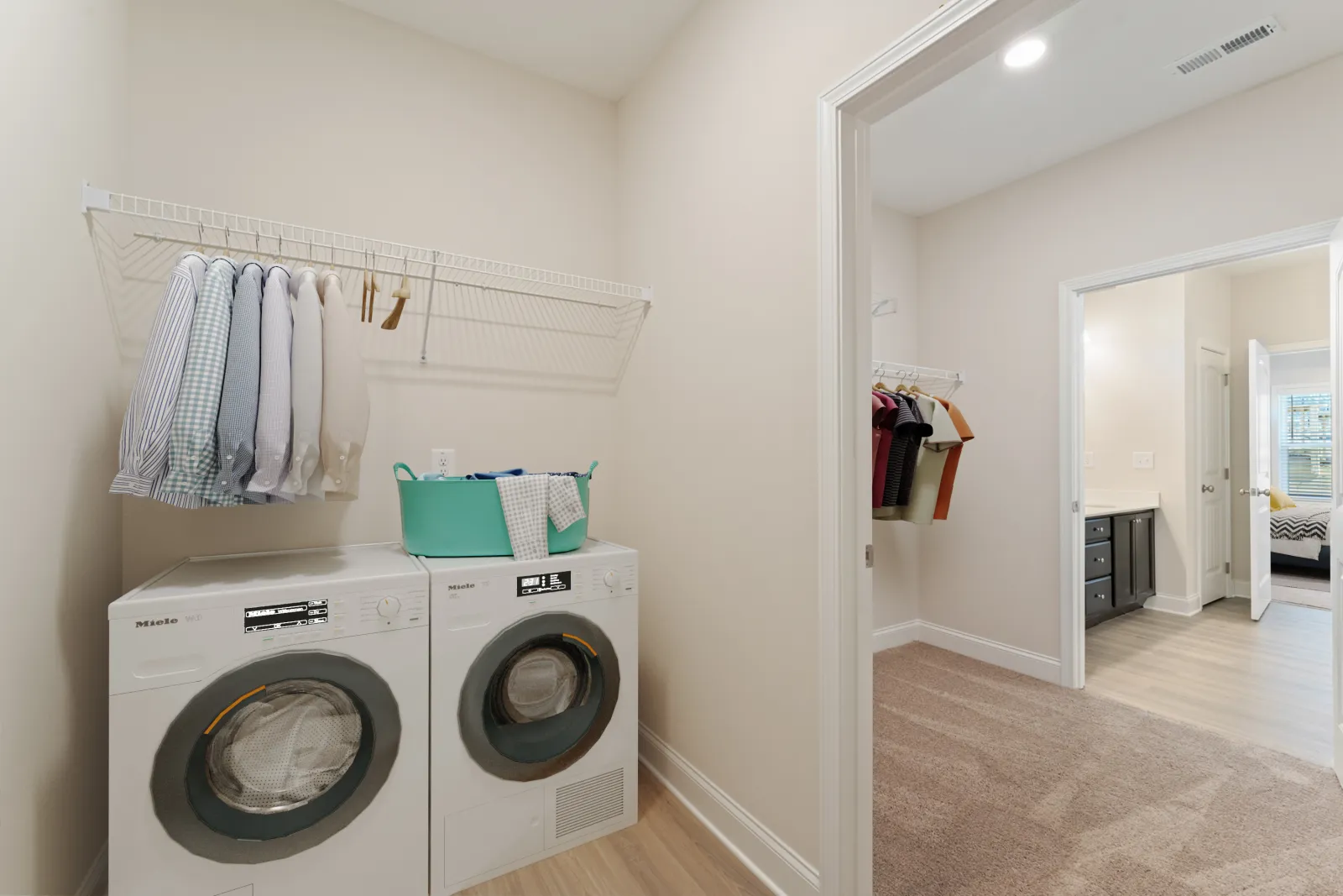 a laundry room with a washing machine