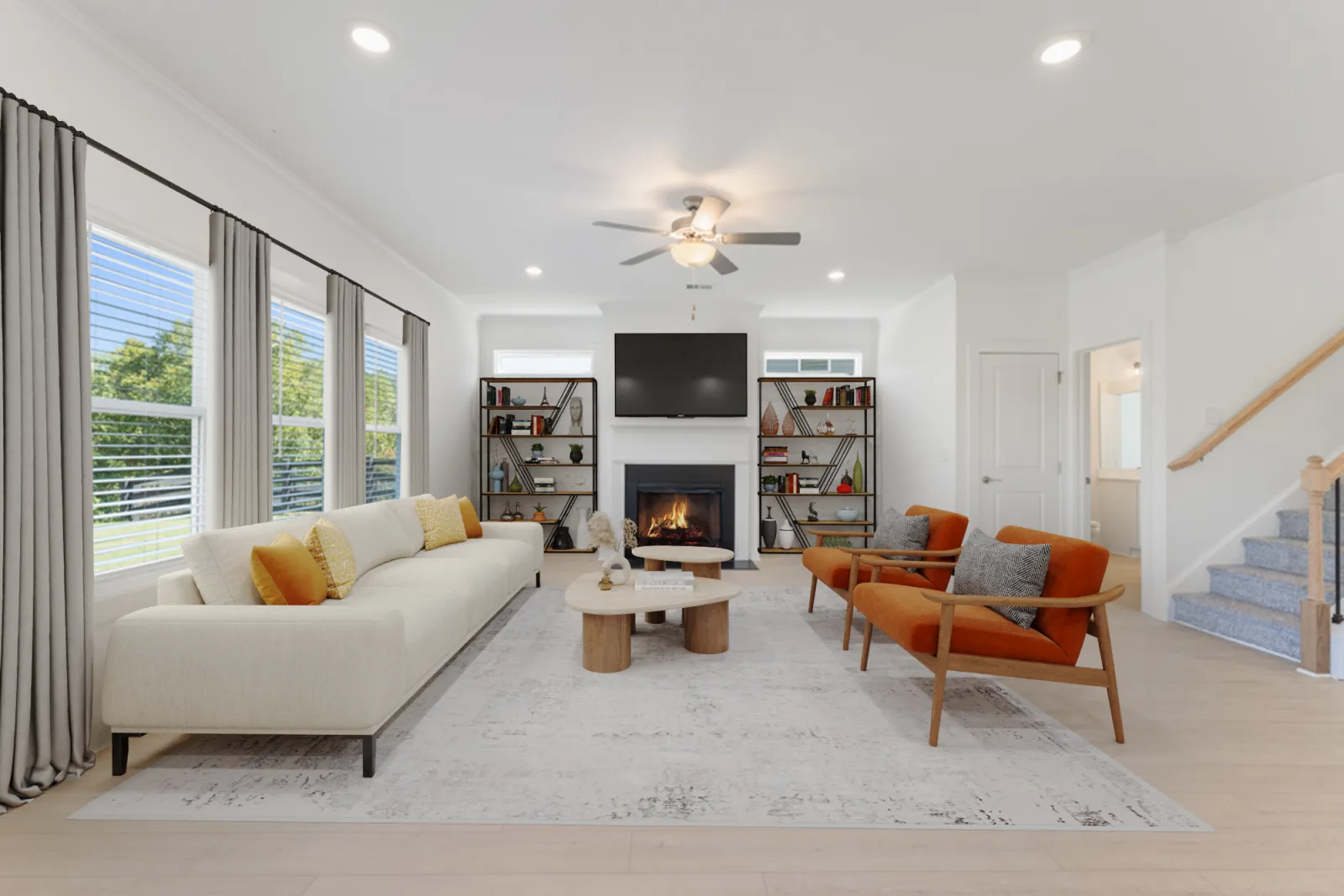 a living room with a fireplace