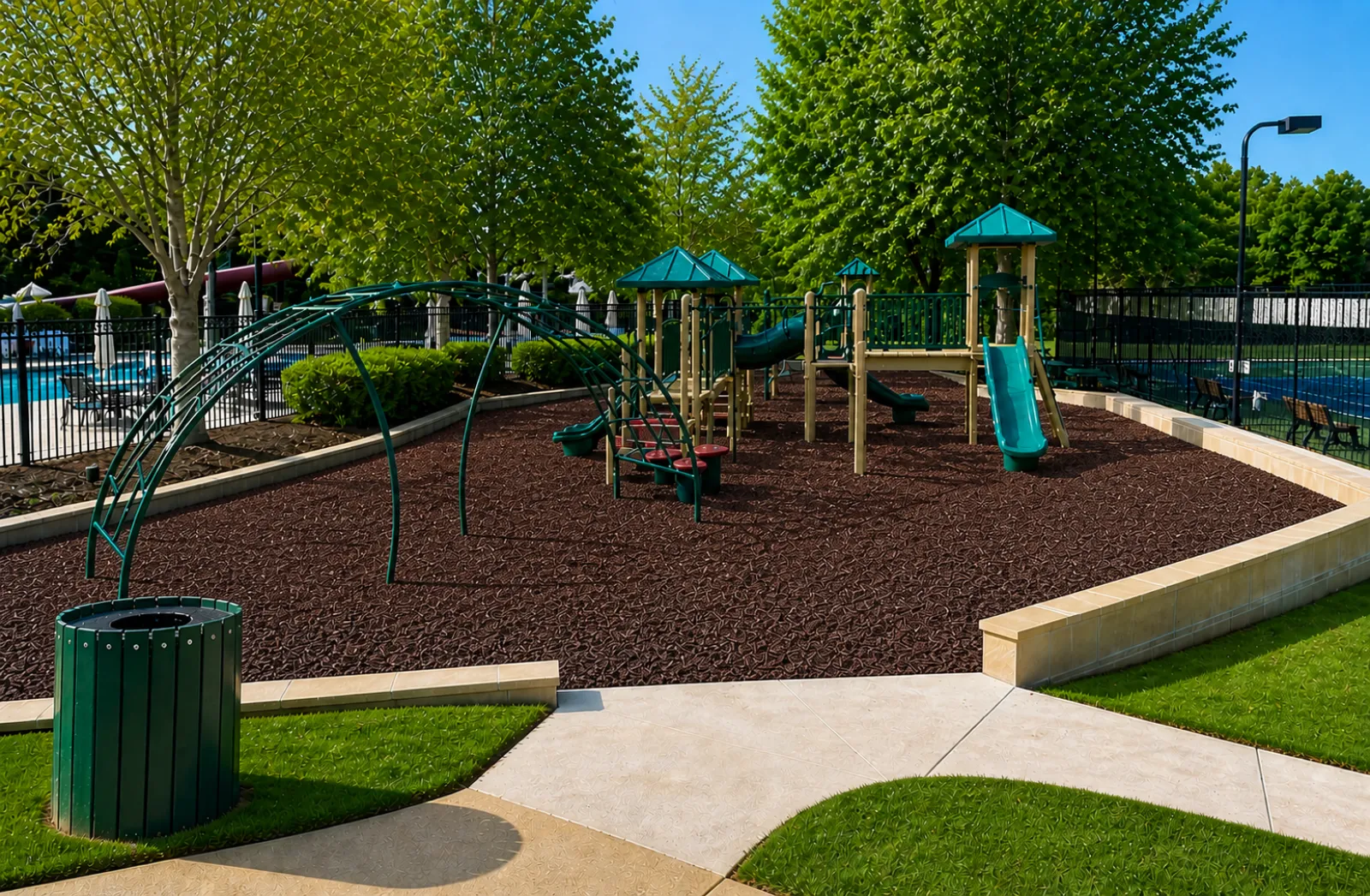 Modern playground with slides, climbing structures, and swings surrounded by trees and fencing on a sunny day.